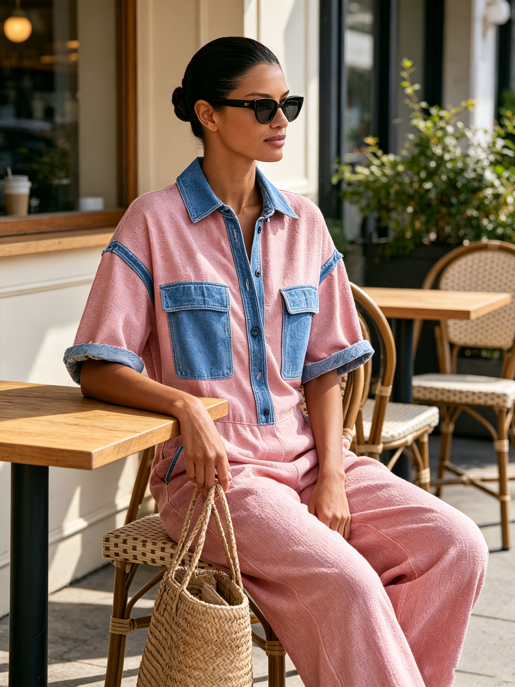 Pink Linen Cotton Color Block Short Sleeve Wide Leg Jumpsuit With Denim Contrast Trim