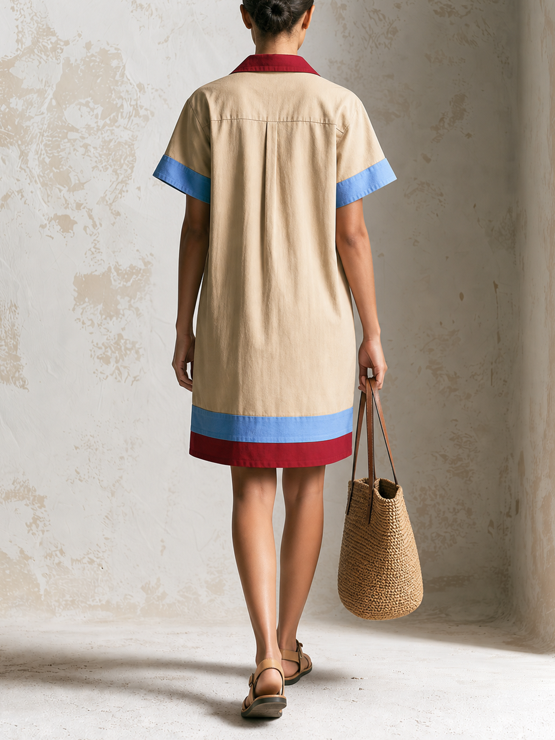 Khaki Color Block Collared Short Sleeve Shirt Mini Dress