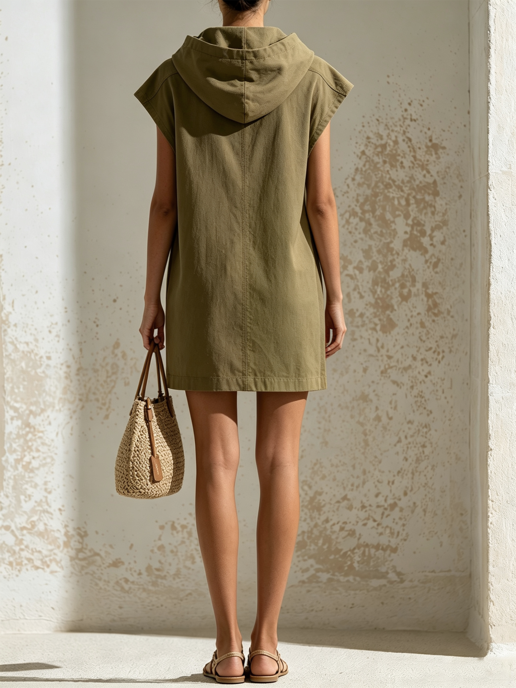 Olive & Off White Color Block Hooded Sleeveless Mini Dress