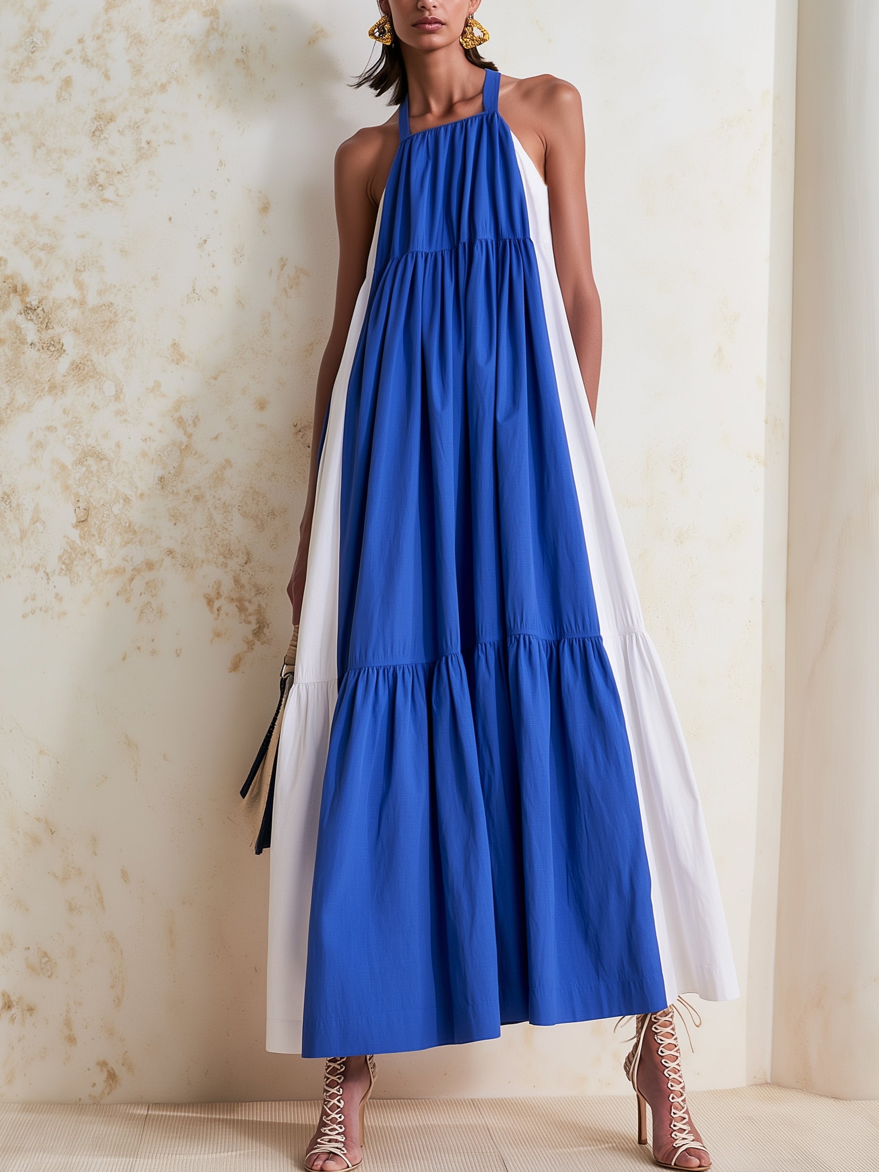 Azure Contrast Maxi Dress – Elegant Halter Neck Blue & White Tiered Summer Dress