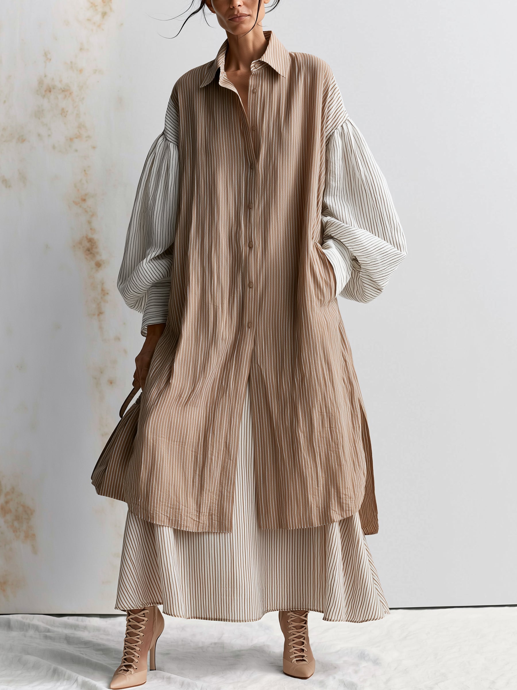 Ava Oversized Stripe Shirt Dress Set – Minimalist Layered Linen Maxi Dress For Women