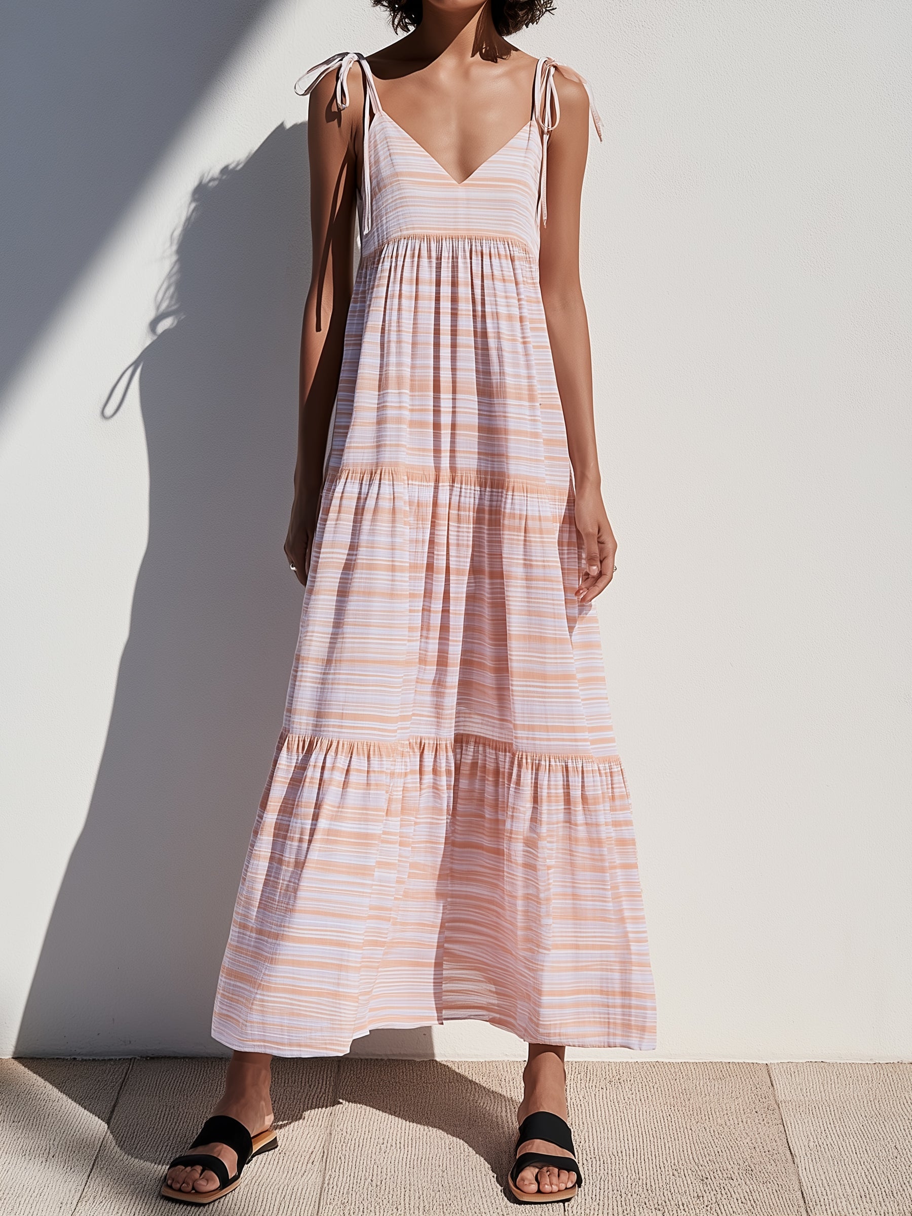 Luna Stripe Maxi Dress – Soft Pink Striped Tie Shoulder Tiered Summer Dress