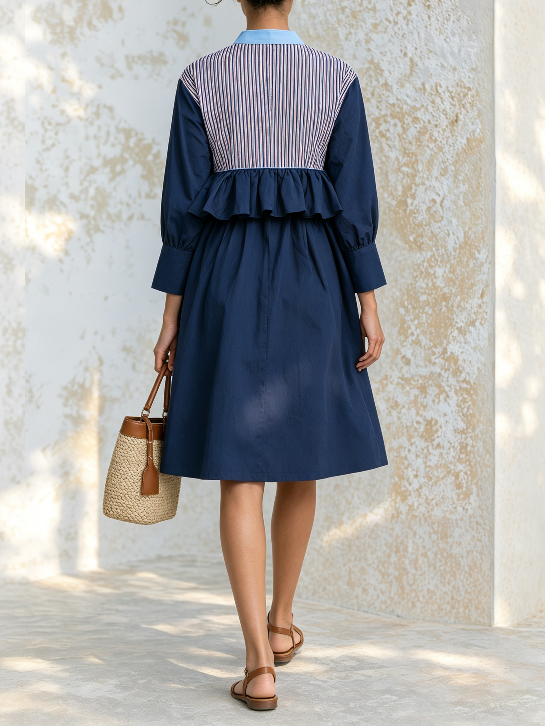 Color Block Striped Ruffle Waist Cotton Poplin Midi Resort Dress