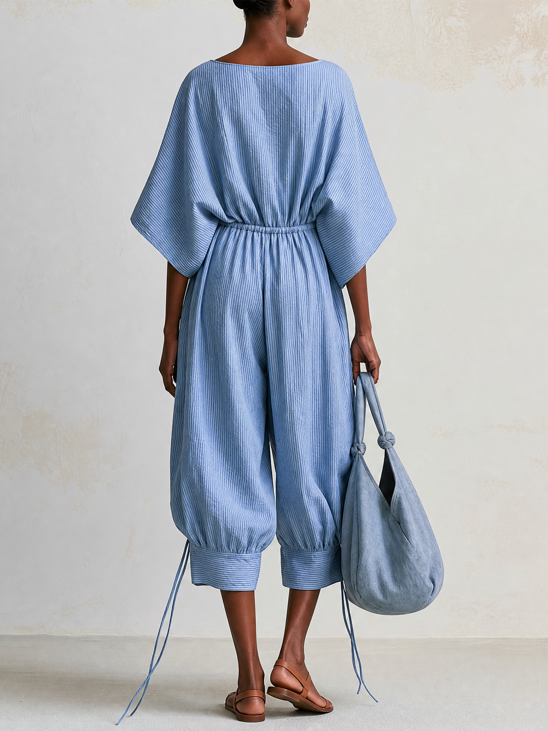 Blue Thin Stripe Drawstring Waist Linen Blend Wide Leg Jumpsuit