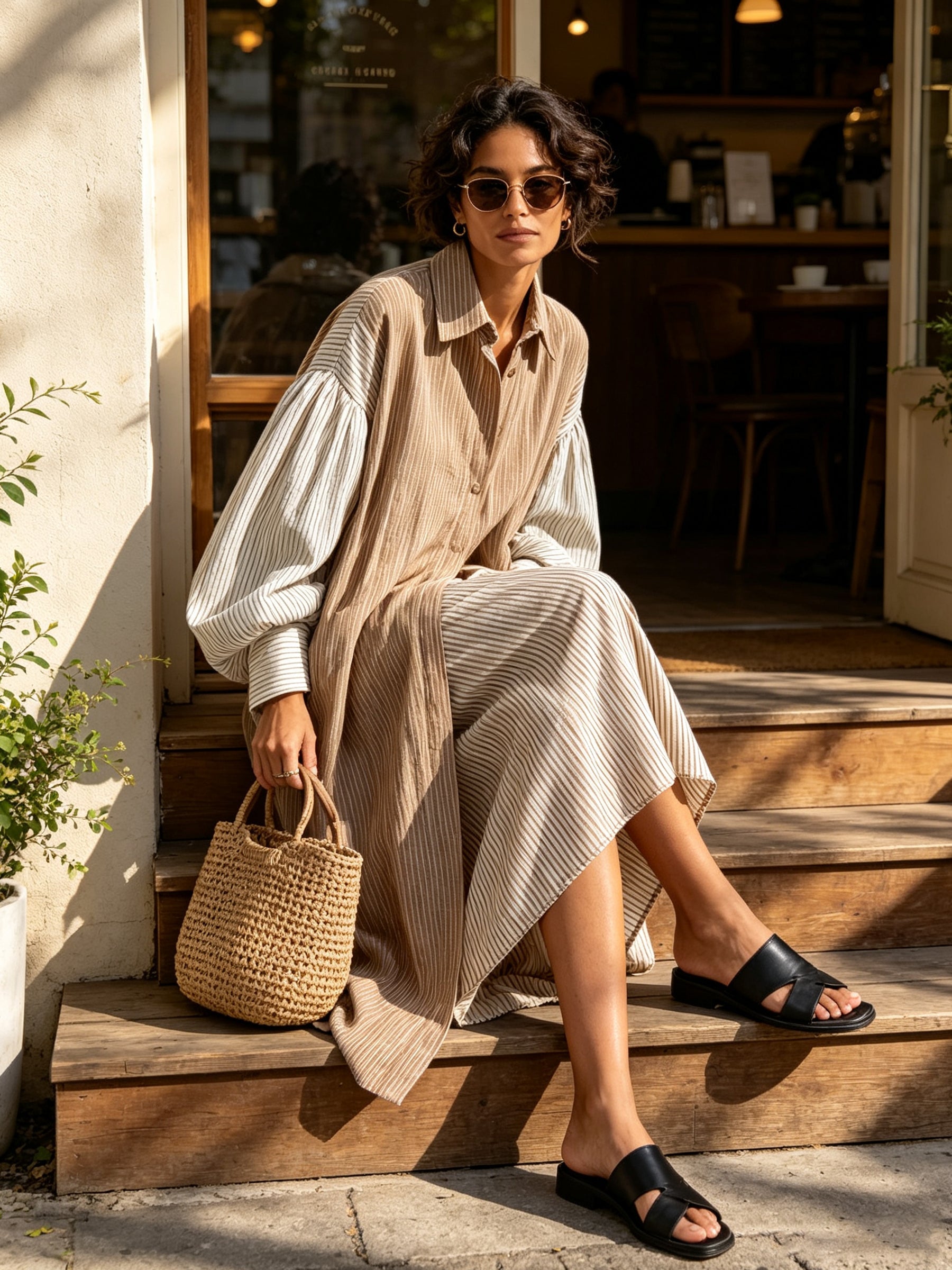 Ava Oversized Stripe Shirt Dress Set – Minimalist Layered Linen Maxi Dress For Women
