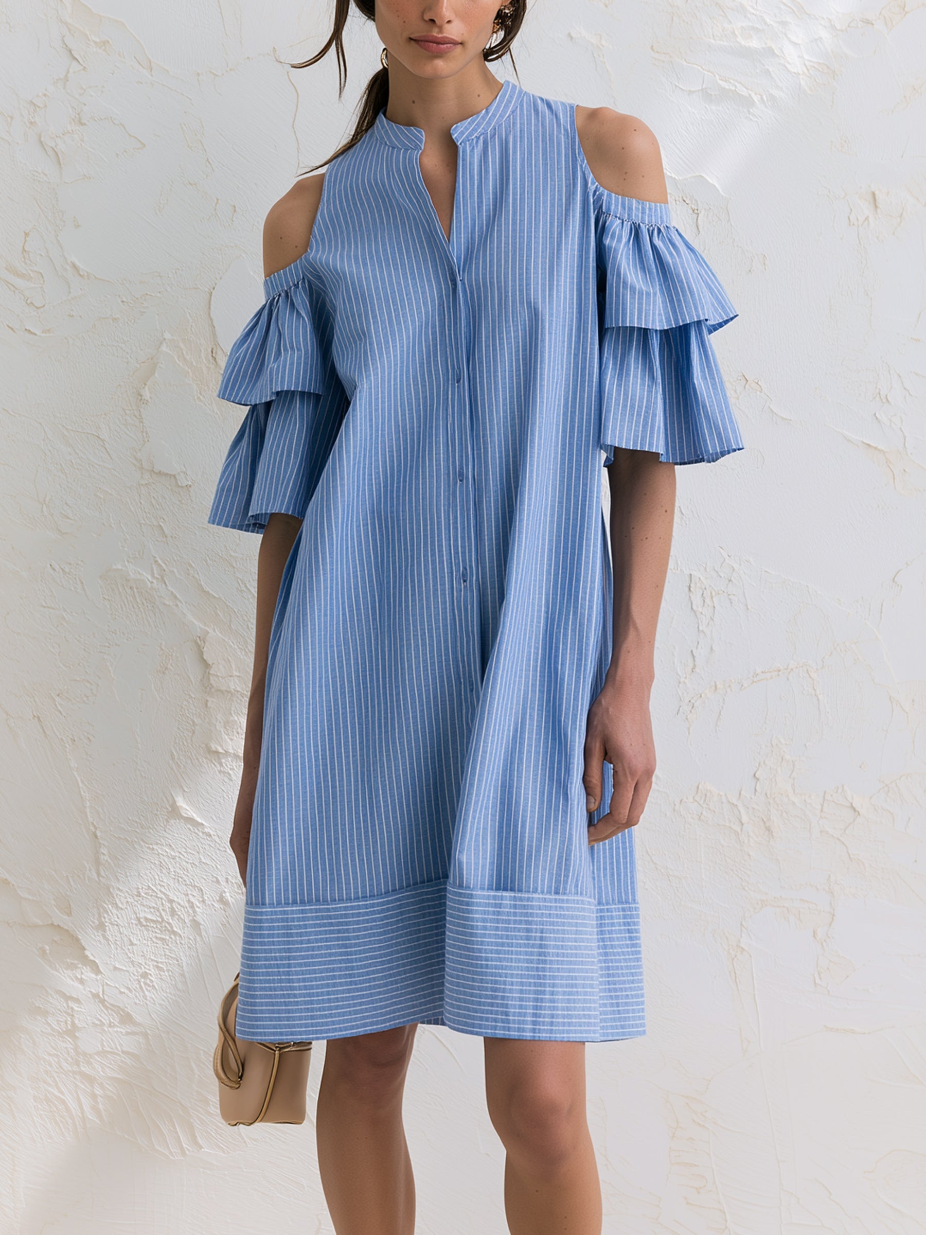 Sky Blue Striped Cold Shoulder Ruffle Sleeve Shirt Dress – Elegant Casual Summer Dress For Women