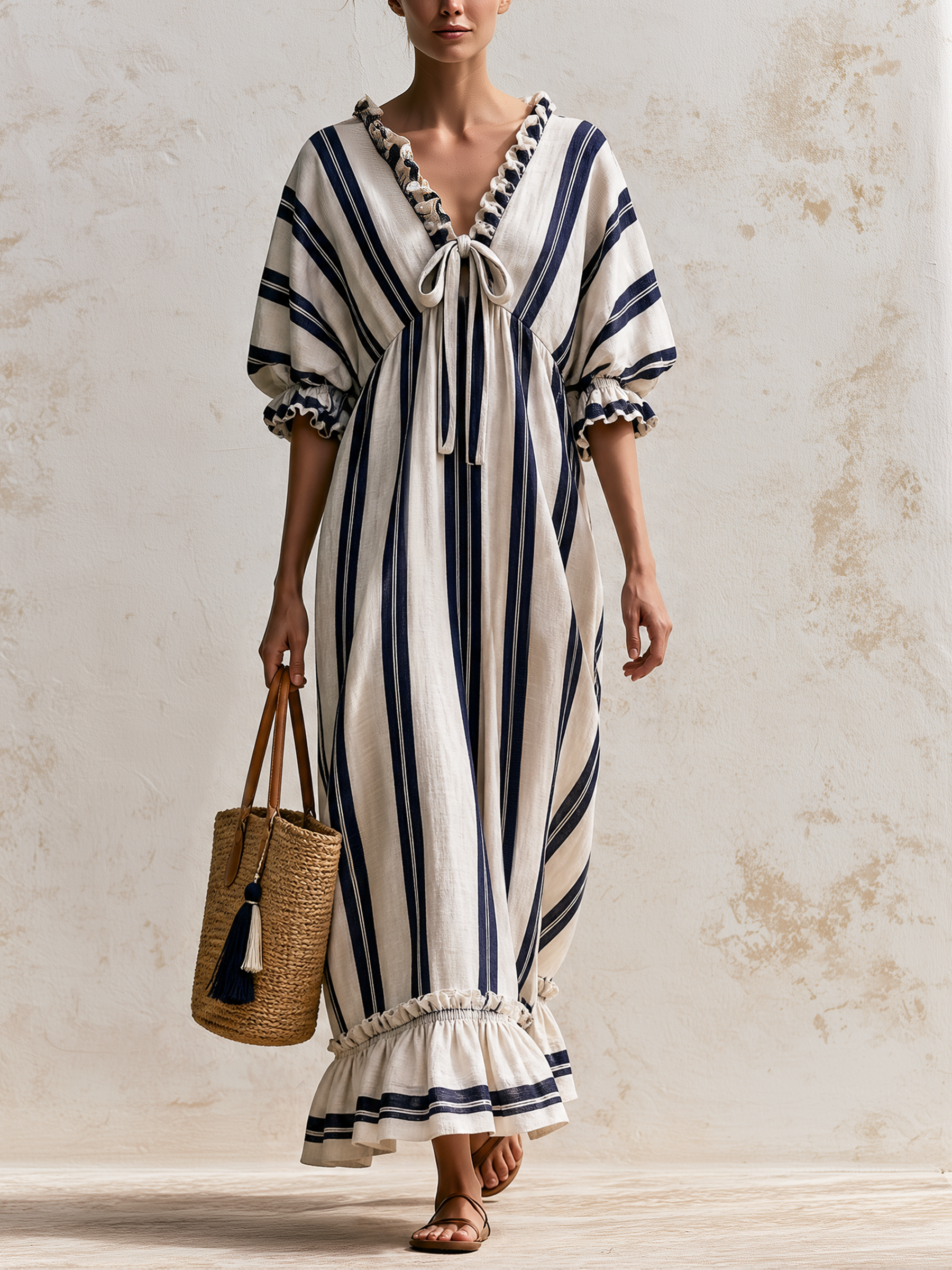 Navy Vertical Stripe Ruffle Tie Front Linen Blend Maxi Dress