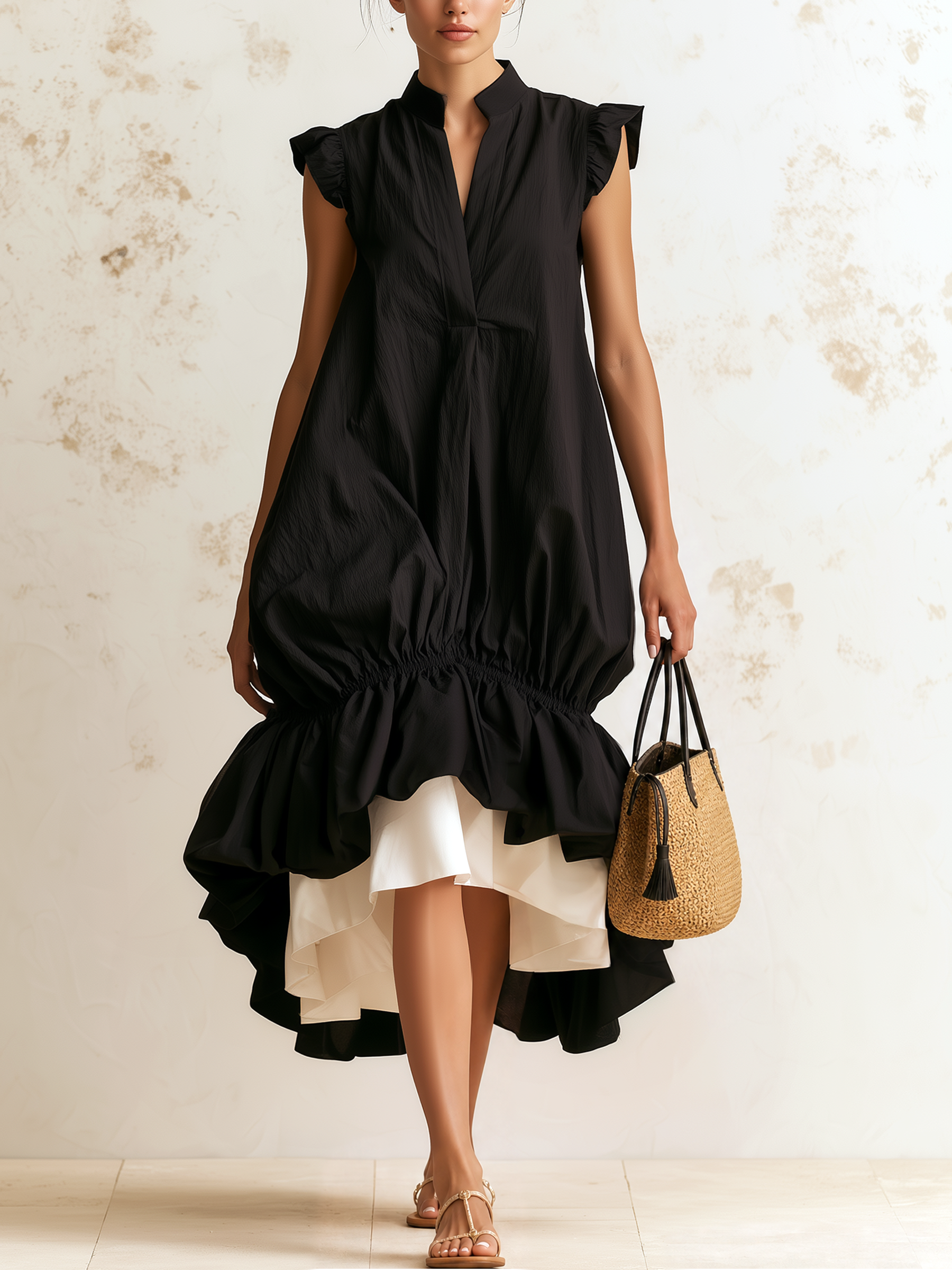 Black Sleeveless Layered Bubble Hem Stand Collar Midi Dress