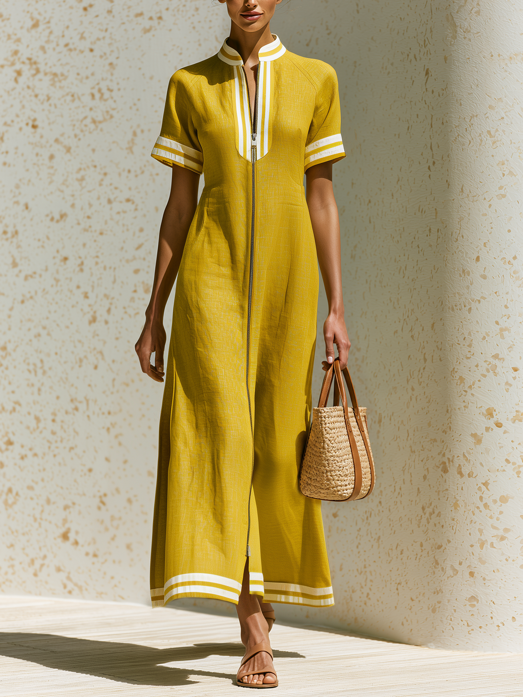 Mustard Contrast White Stripe Zip Front Linen Midi Dress