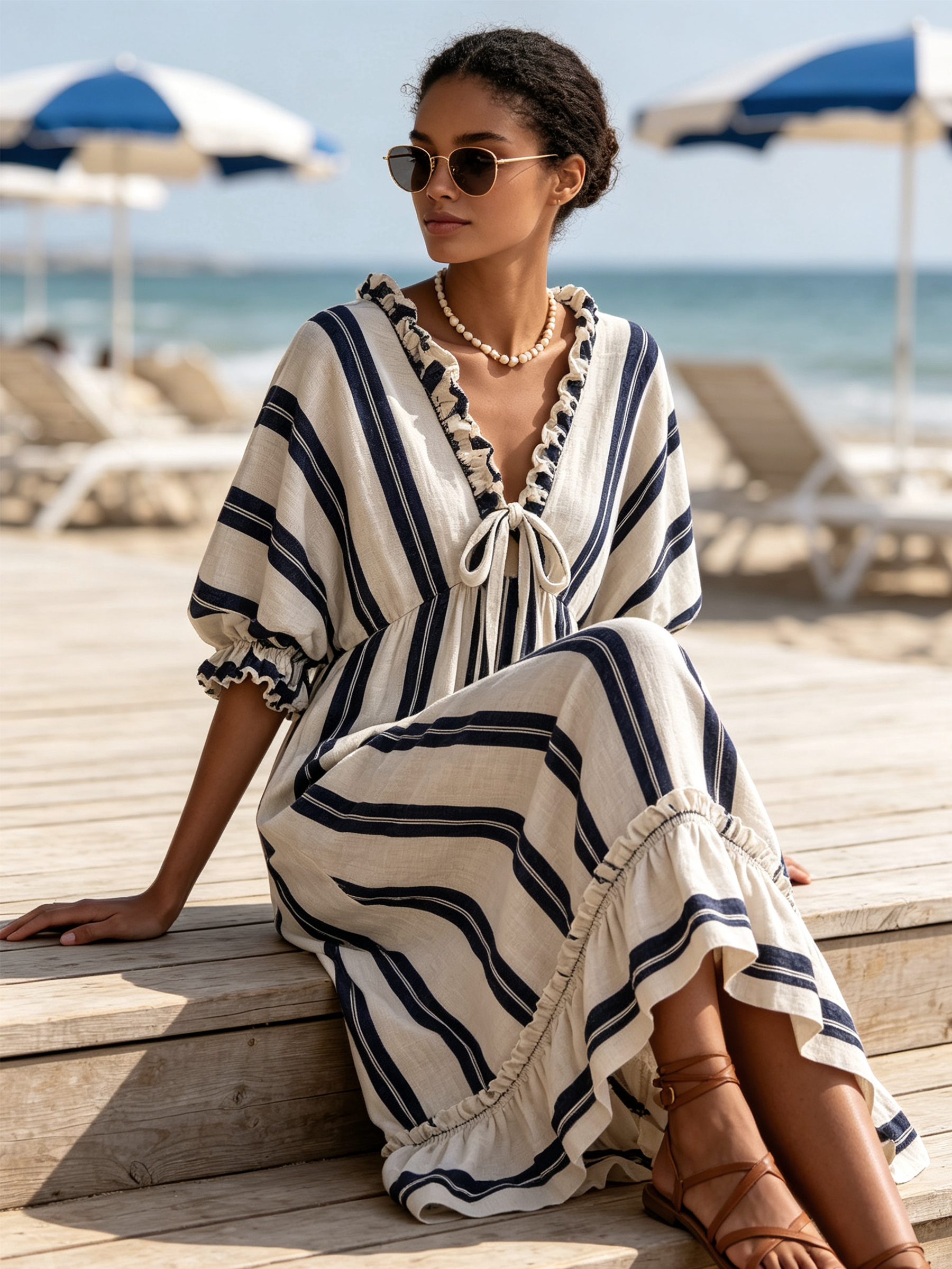 Navy Vertical Stripe Ruffle Tie Front Linen Blend Maxi Dress