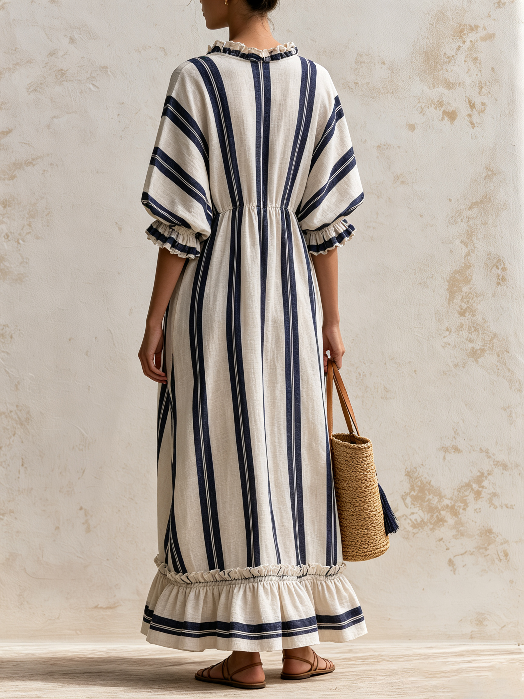 Navy Vertical Stripe Ruffle Tie Front Linen Blend Maxi Dress