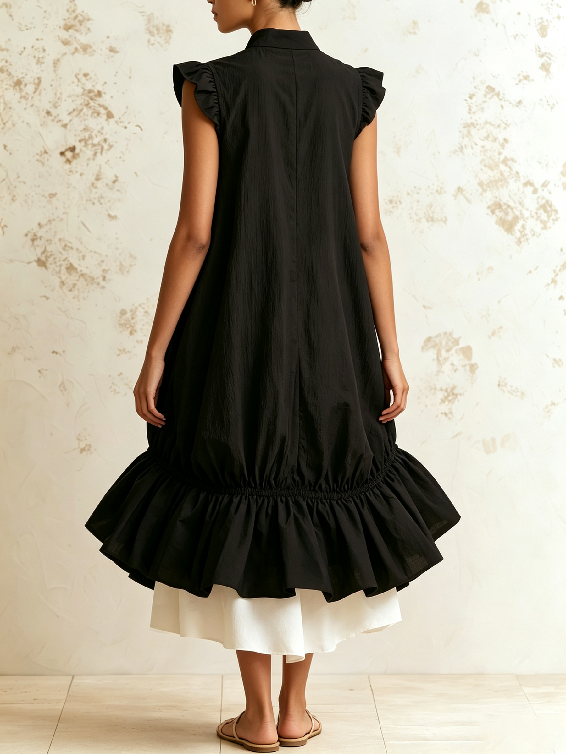 Black Sleeveless Layered Bubble Hem Stand Collar Midi Dress