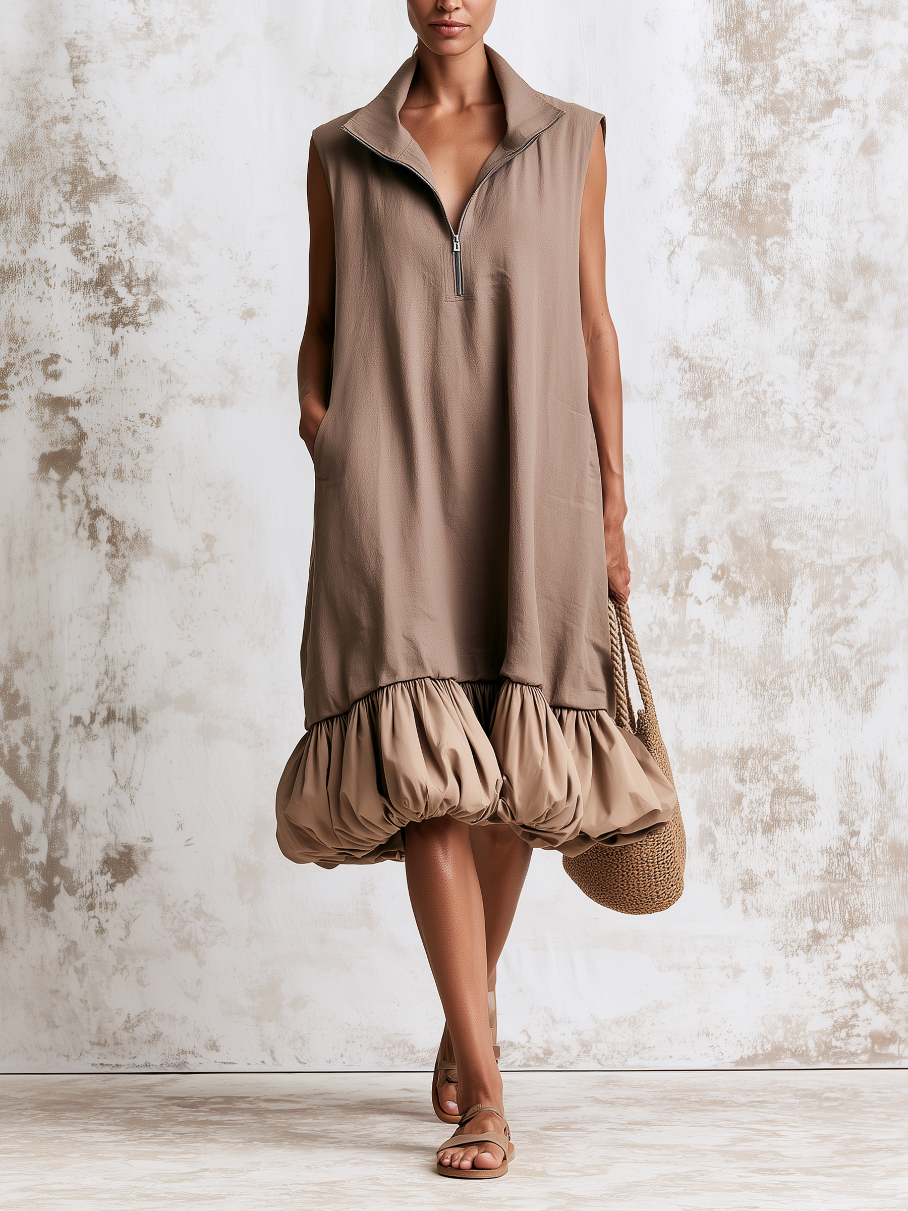 Sleeveless Half-Zip Stand Collar Bubble Hem Midi Dress, Loose Pocket Casual Summer Dress
