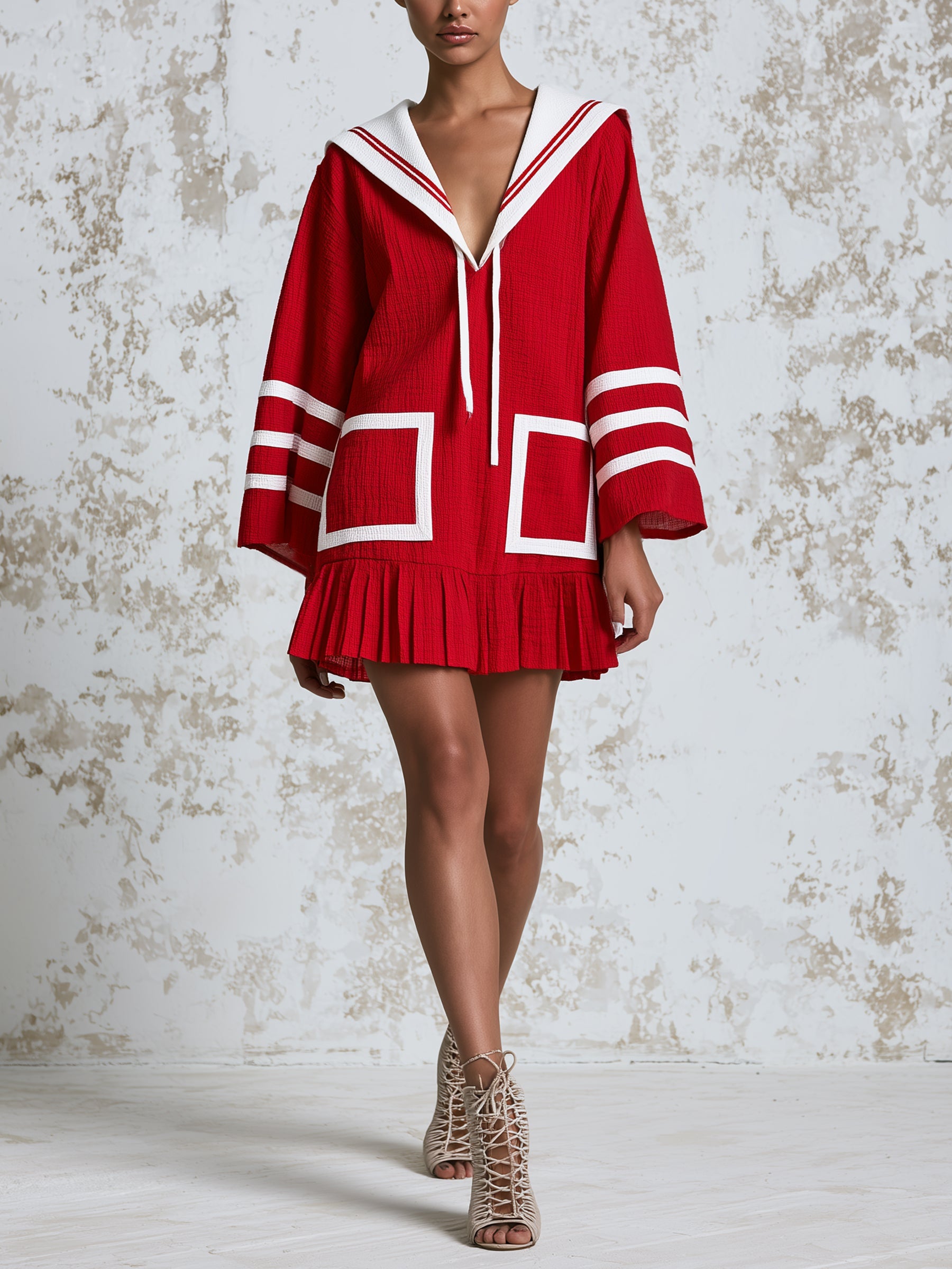 Red Sailor Collar Mini Dress – Elegant Nautical Inspired Ruffle Hem A-Line Dress