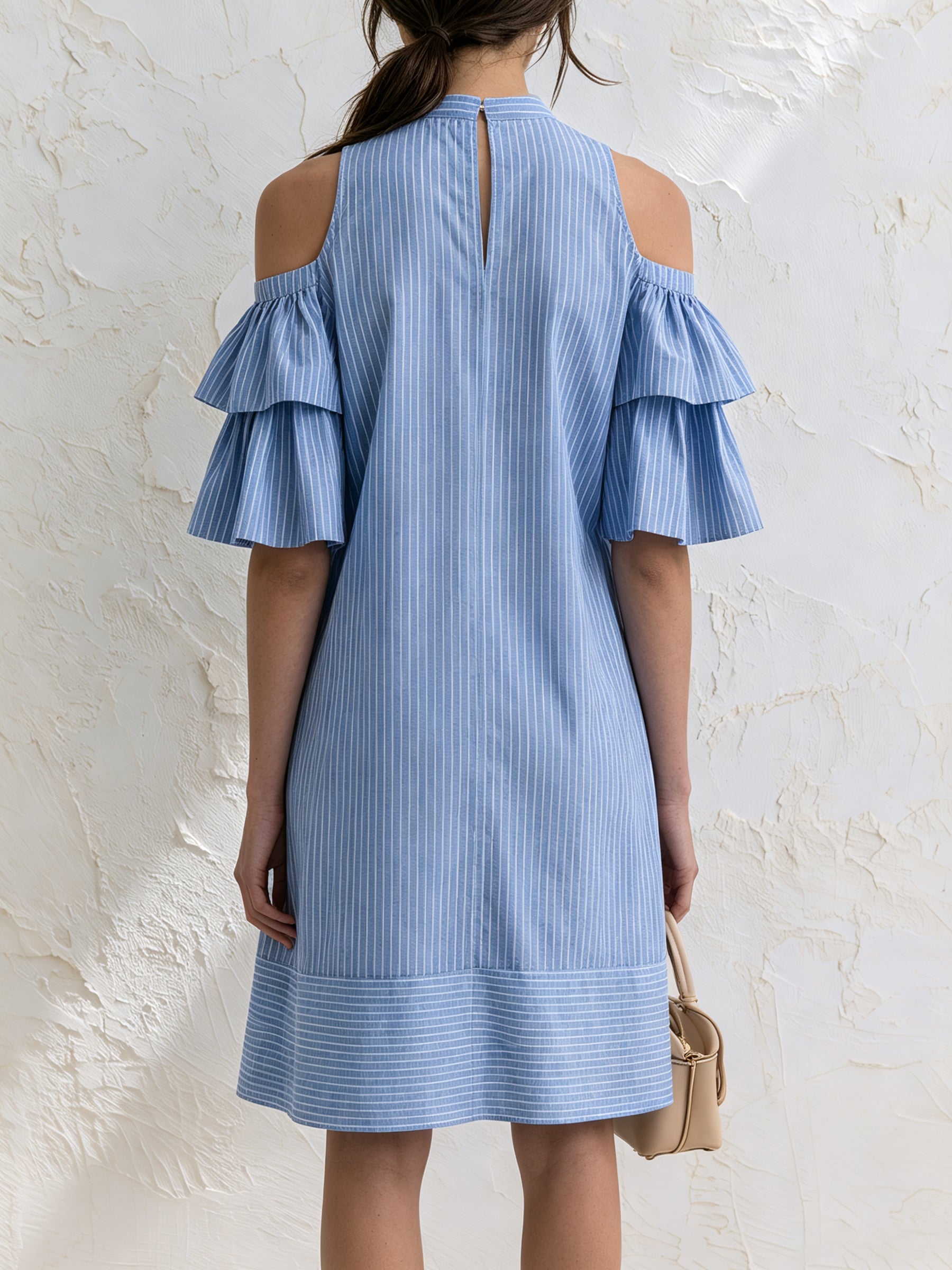 Sky Blue Striped Cold Shoulder Ruffle Sleeve Shirt Dress – Elegant Casual Summer Dress For Women