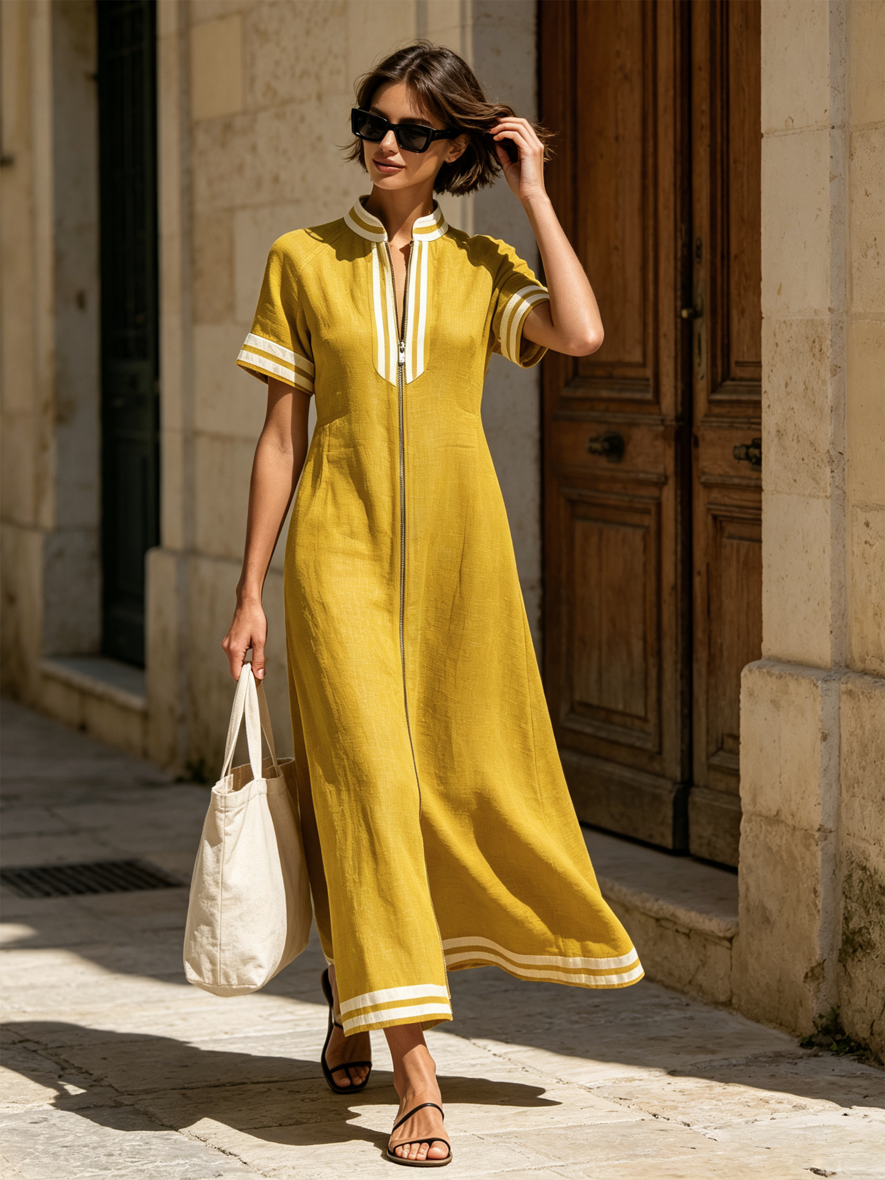 Mustard Contrast White Stripe Zip Front Linen Midi Dress