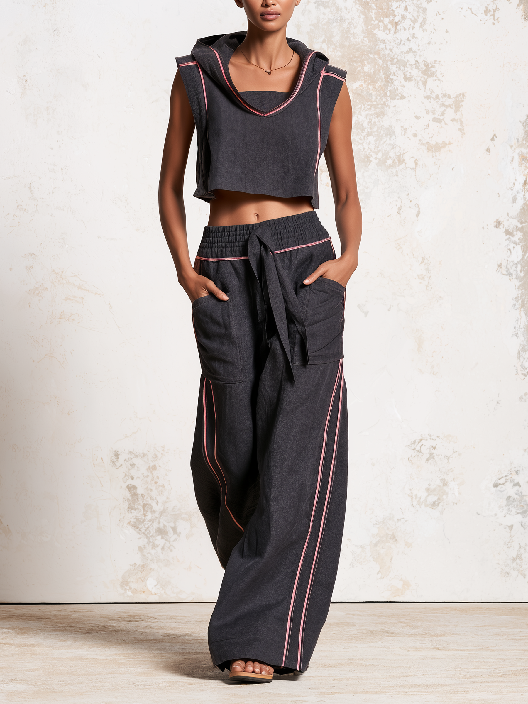 Sleeveless Hooded Crop Top & Wide Leg Cargo Pants Linen Blend Two Piece Outfit, Contrast Pink Stitch Casual Lounge Set