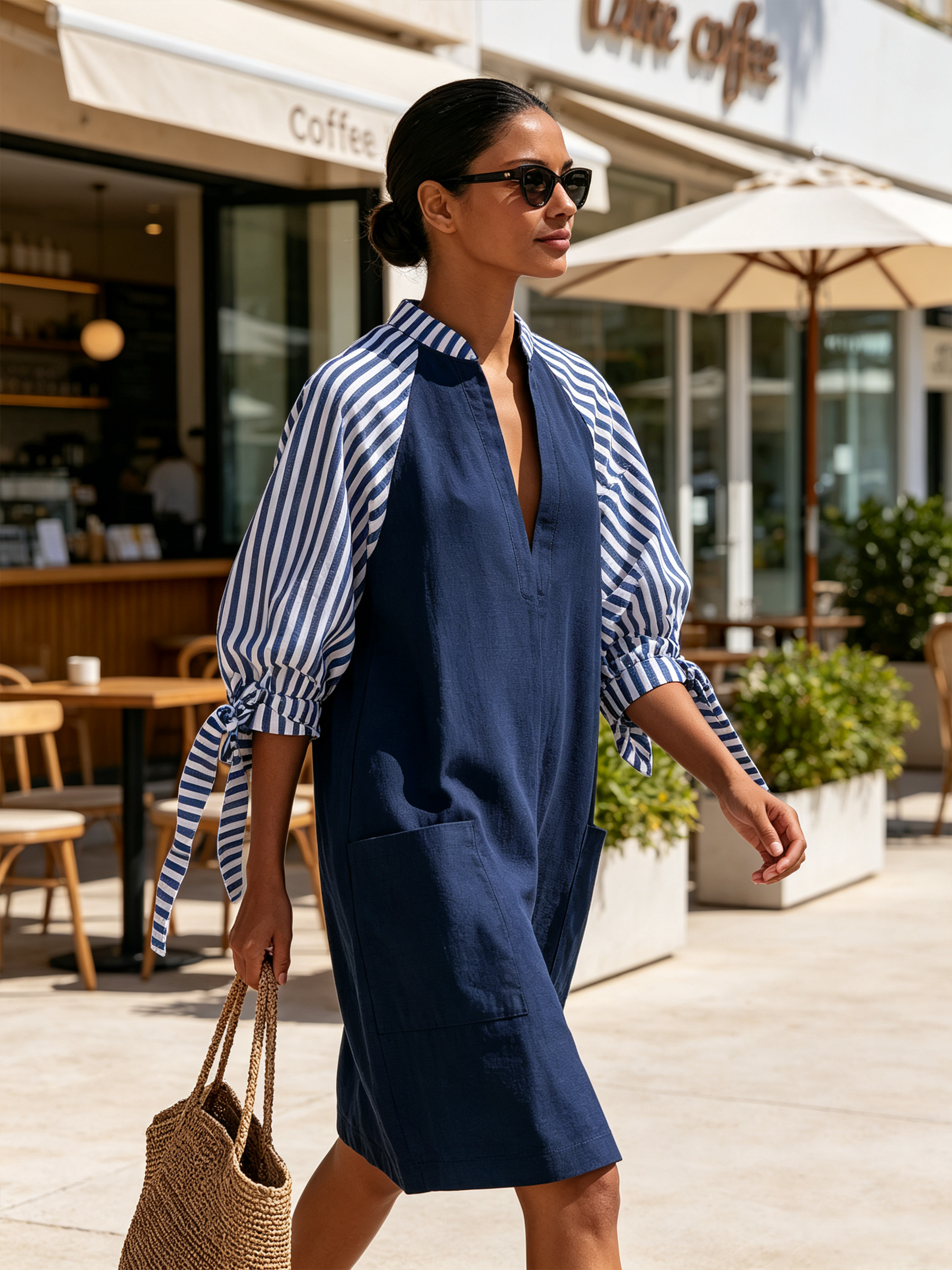 Stand Collar V-Neck Raglan Striped Sleeve Linen Blend Mini Shift Dress With Side Pockets