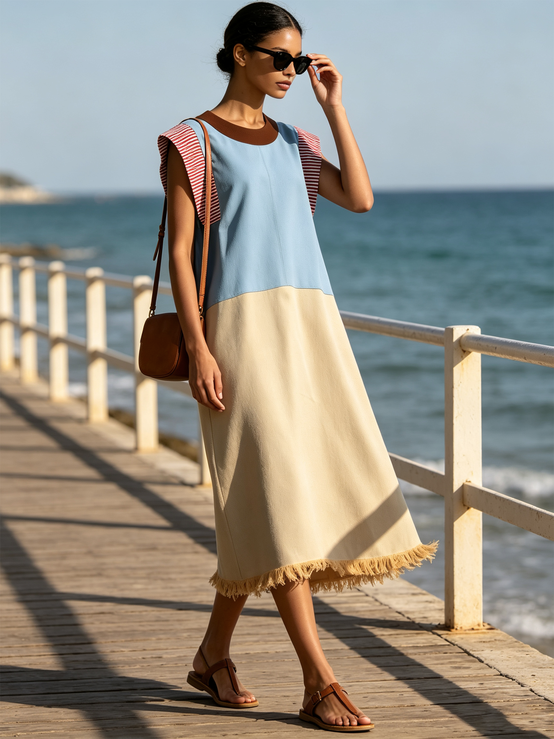 Color Block Striped Fringe Hem Sleeveless Midi Shift Dress