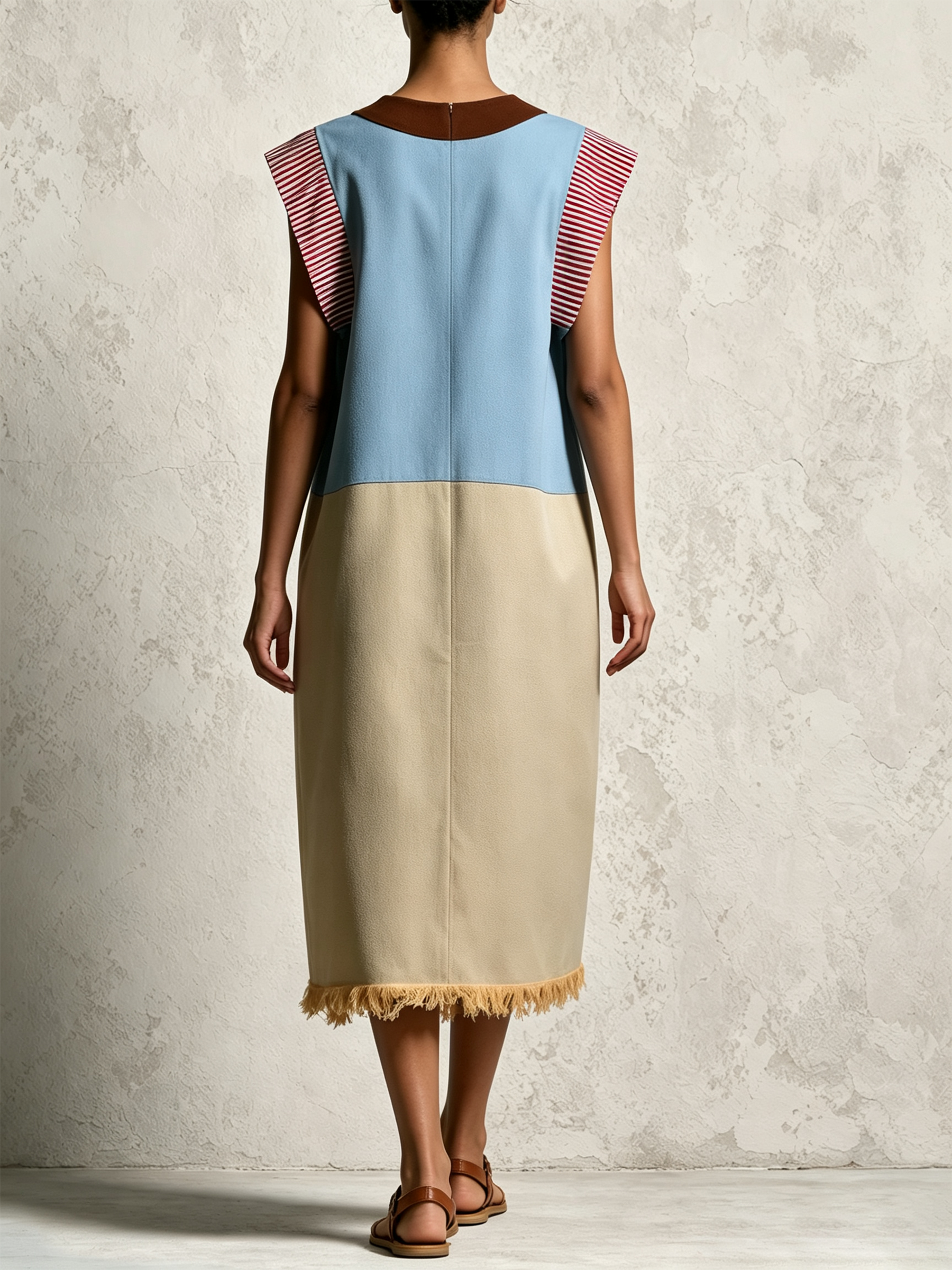 Color Block Striped Fringe Hem Sleeveless Midi Shift Dress
