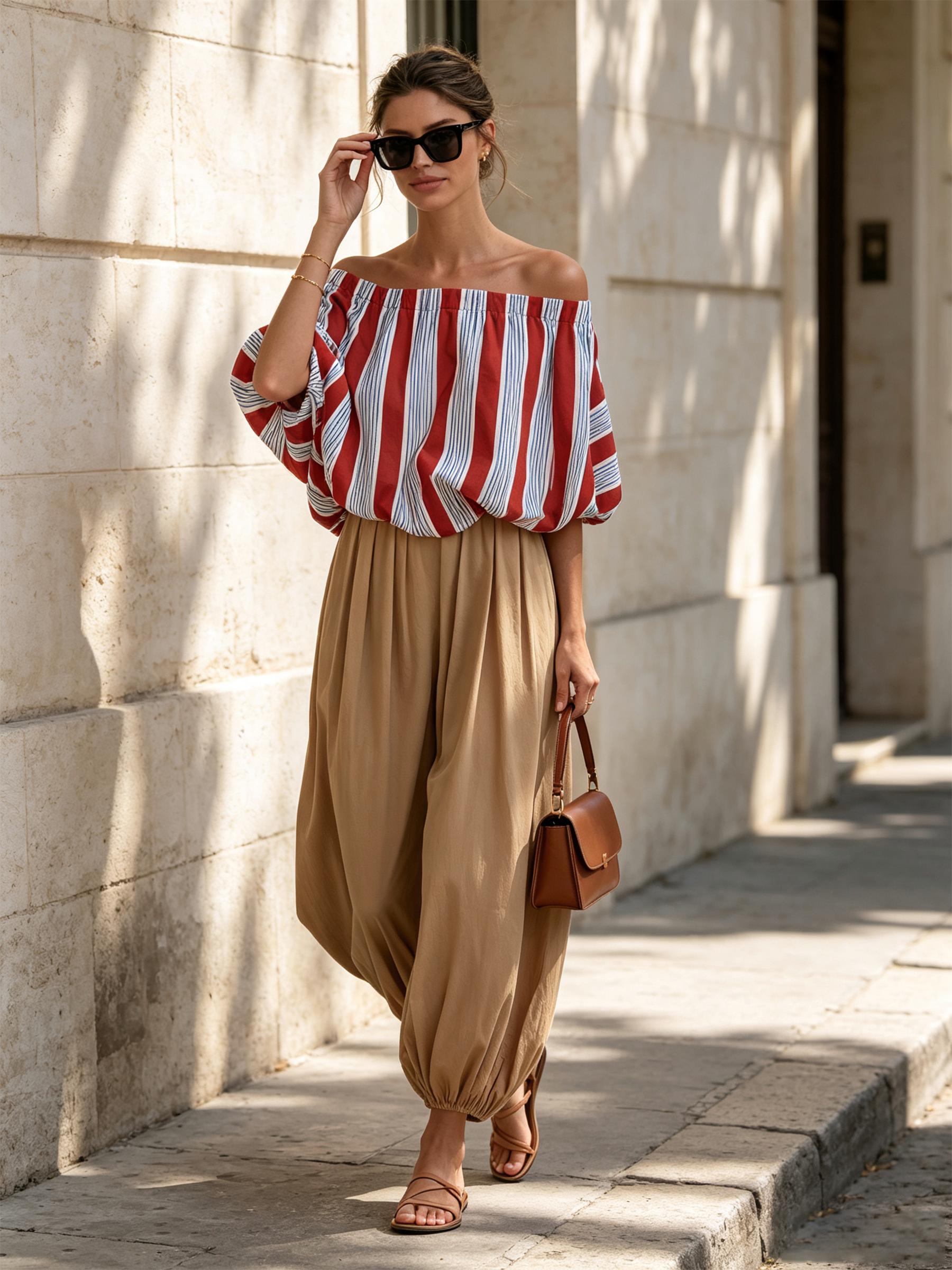 Red Blue Stripe Off Shoulder Bubble Top & Khaki Balloon Ankle Pants Two-Piece Set