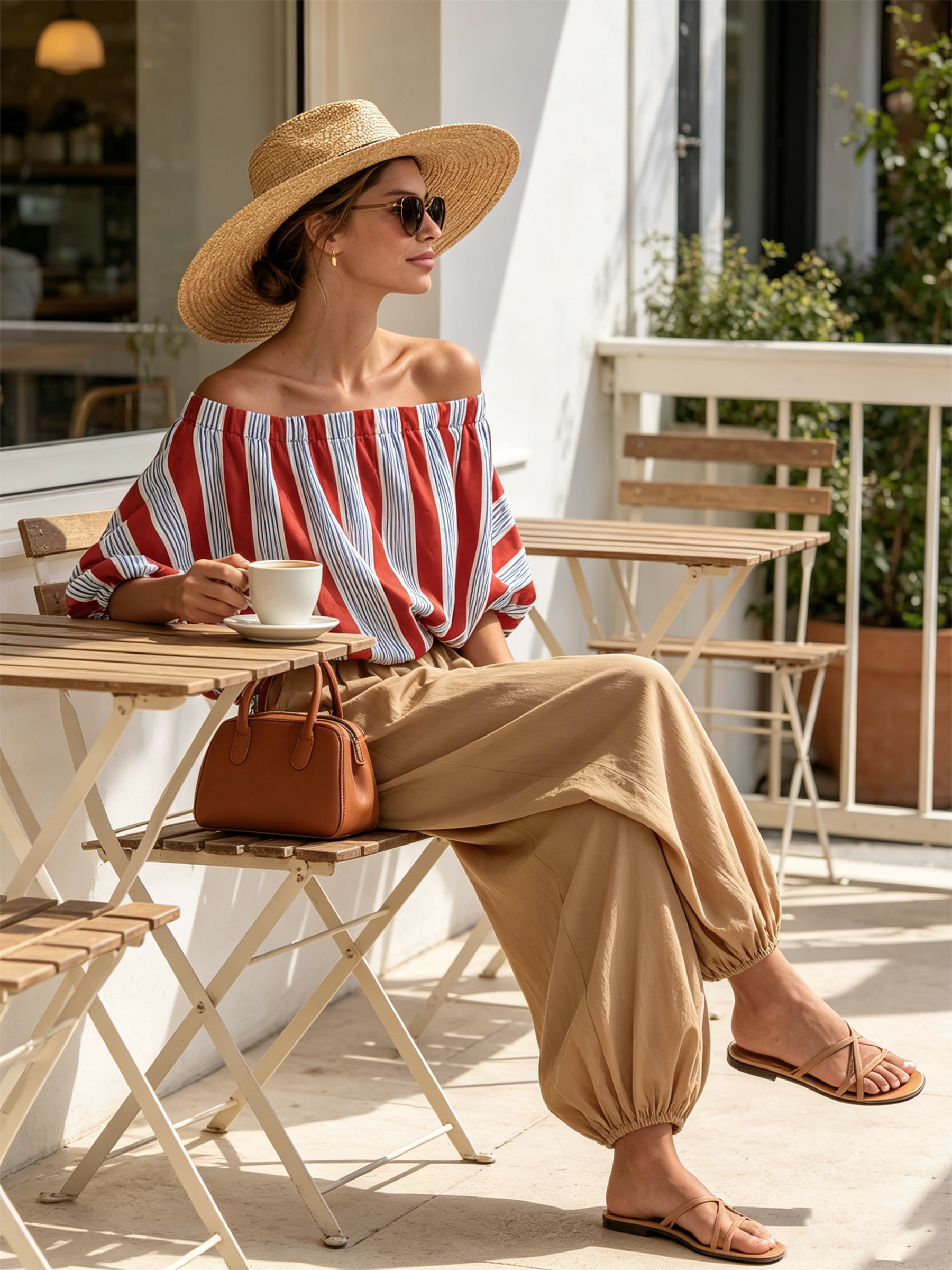 Red Blue Stripe Off Shoulder Bubble Top & Khaki Balloon Ankle Pants Two-Piece Set