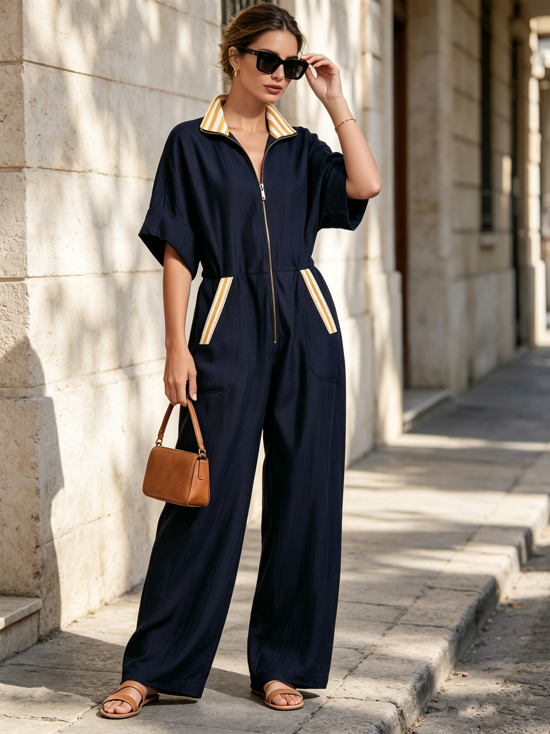 Navy Stripe Trim Zip Front Wide Leg Linen Blend Jumpsuit