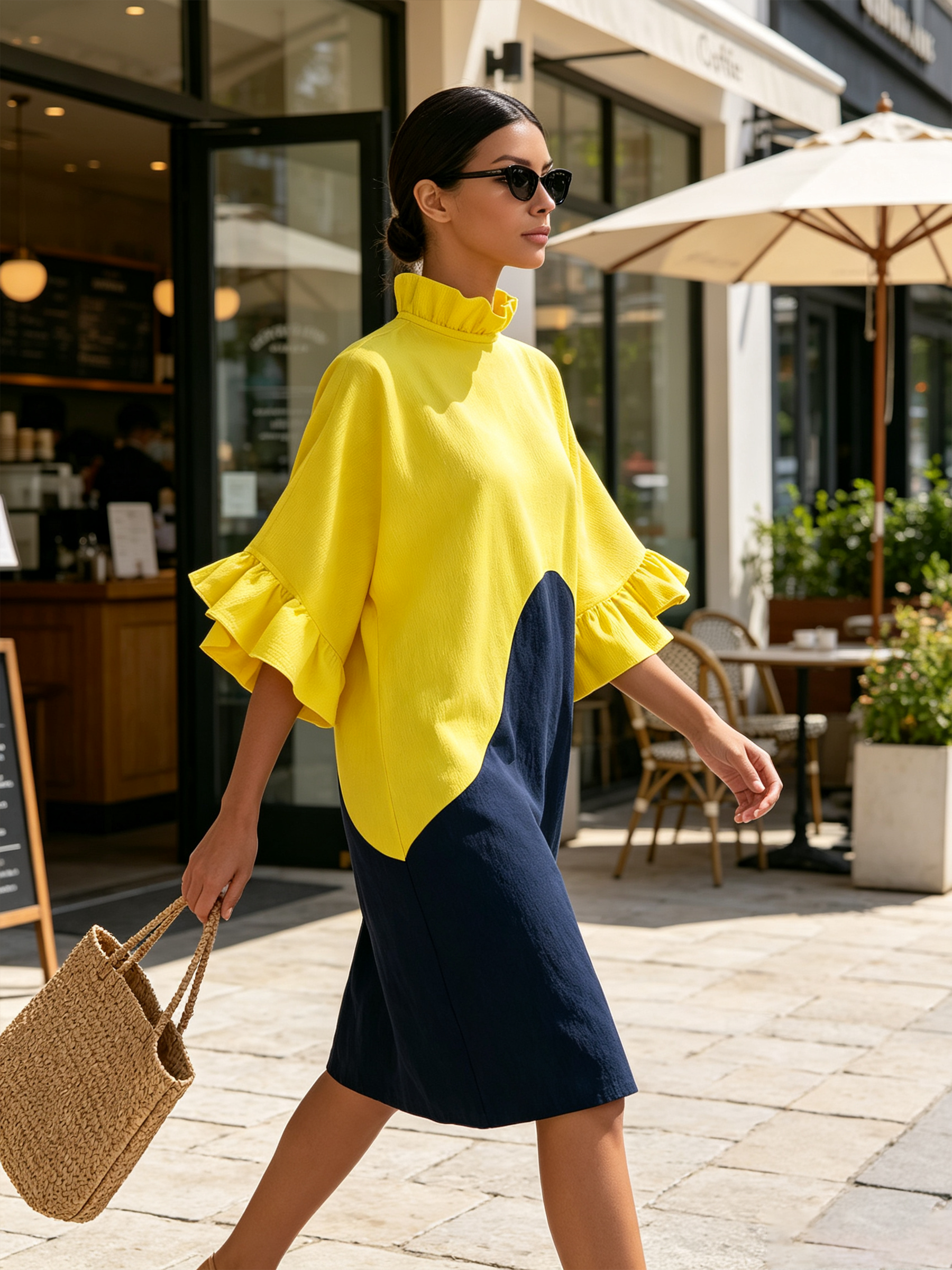 Ruffled High Neck Half Sleeve Curved Navy Color Block Linen Blend Loose Midi Dress