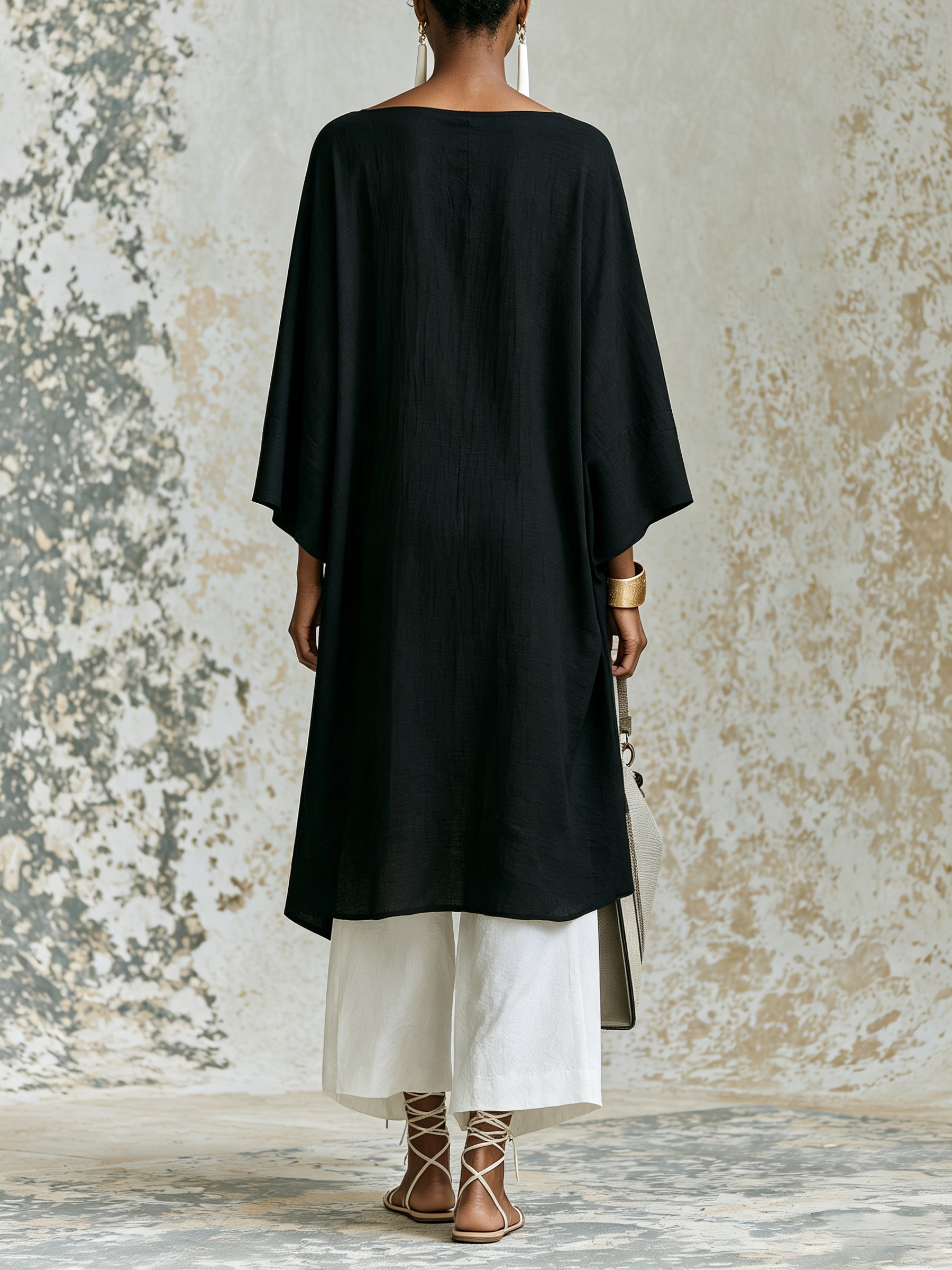 Elegant Black Asymmetric Kaftan Top & White Wide Leg Pants Set – Minimalist Luxury Two Piece Outfit