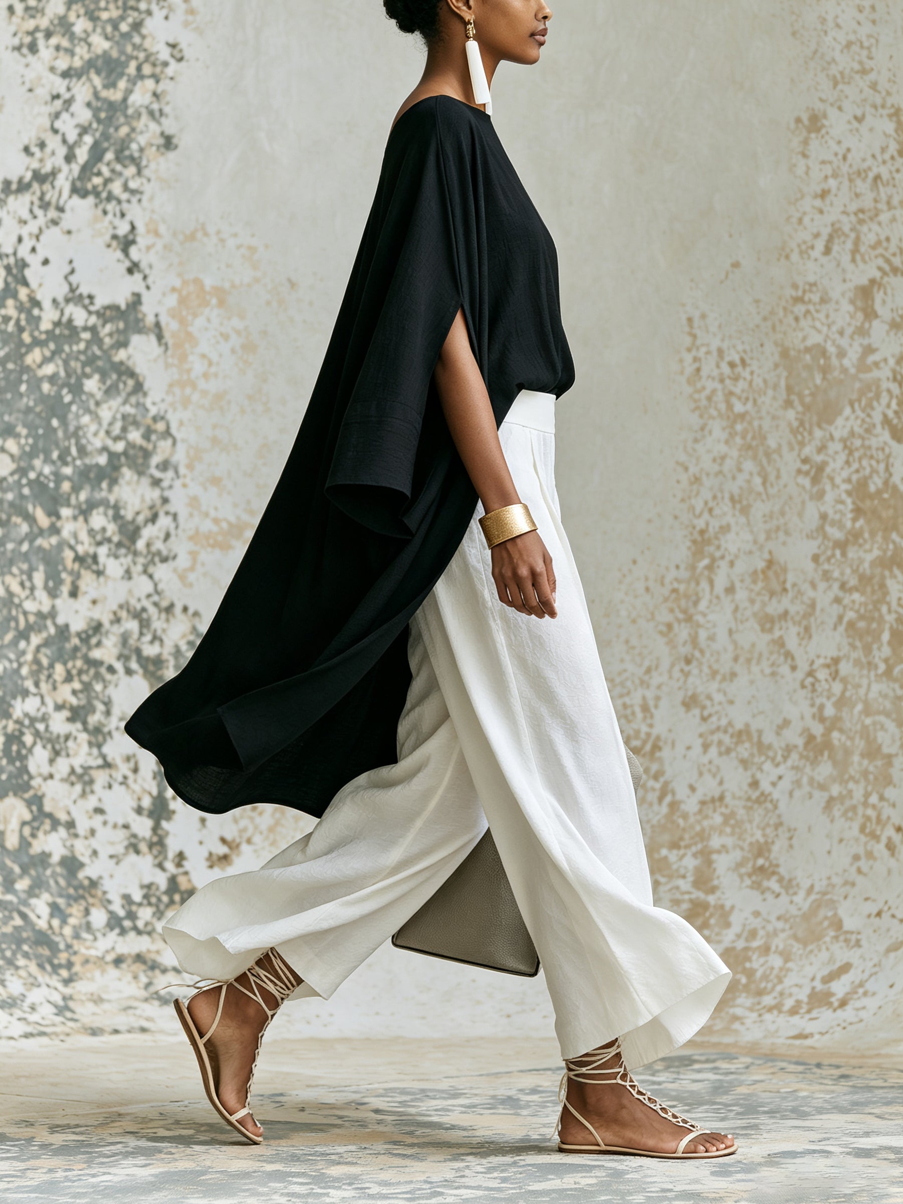 Elegant Black Asymmetric Kaftan Top & White Wide Leg Pants Set – Minimalist Luxury Two Piece Outfit