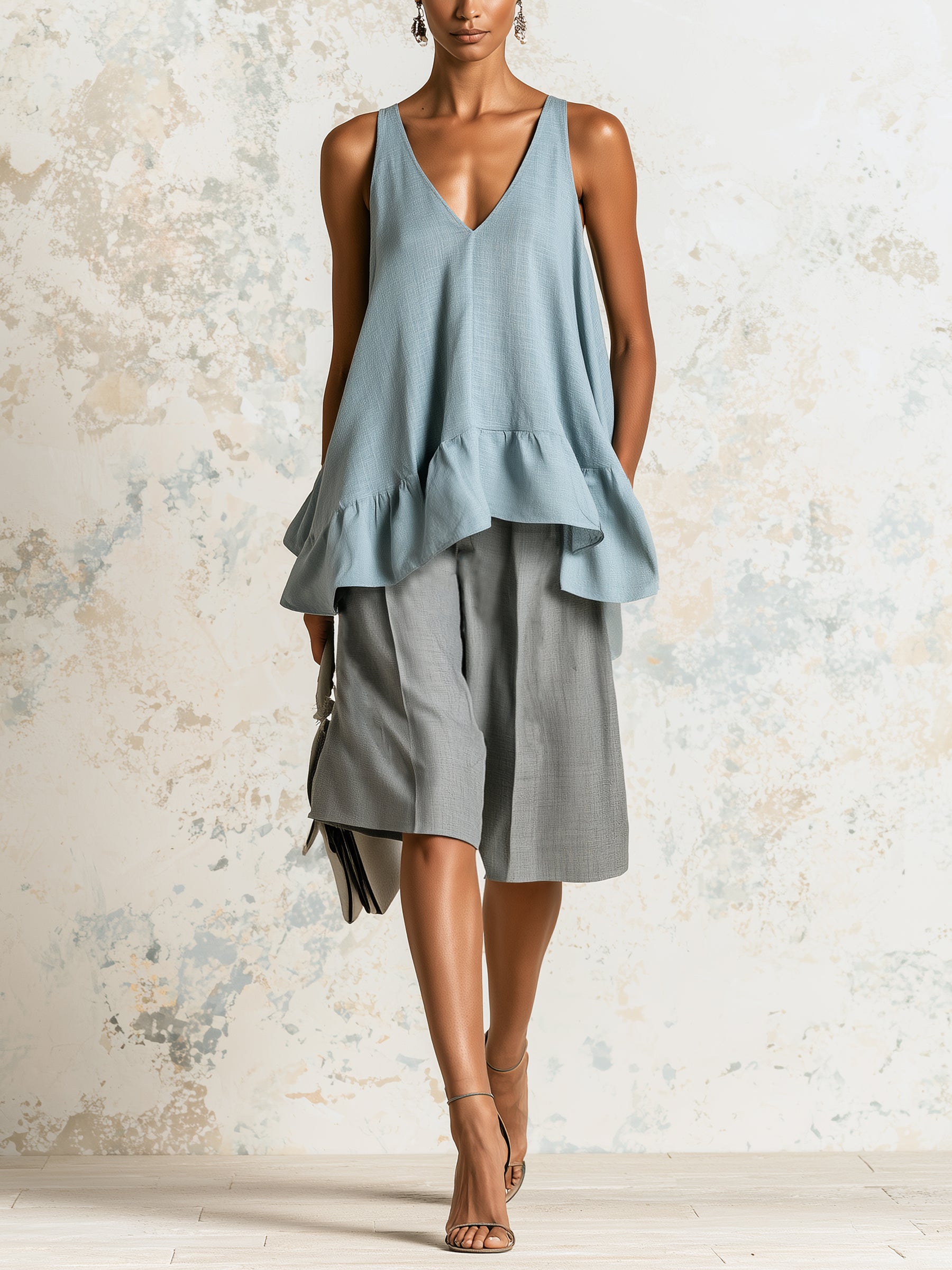 Minimalist Blue Ruffle Hem Tank Top – Elegant V Neck Sleeveless Peplum Blouse For Women