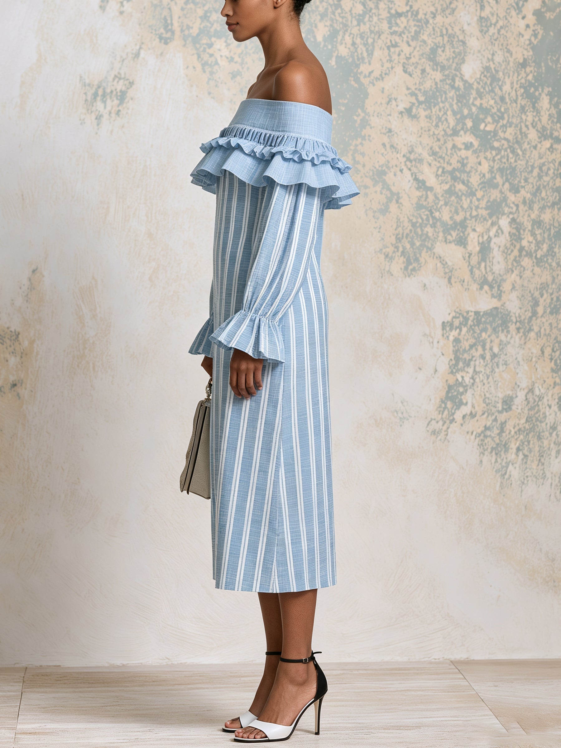 Off Shoulder Blue Striped Ruffle Midi Dress – Elegant Long Sleeve Summer Dress With Feminine Details