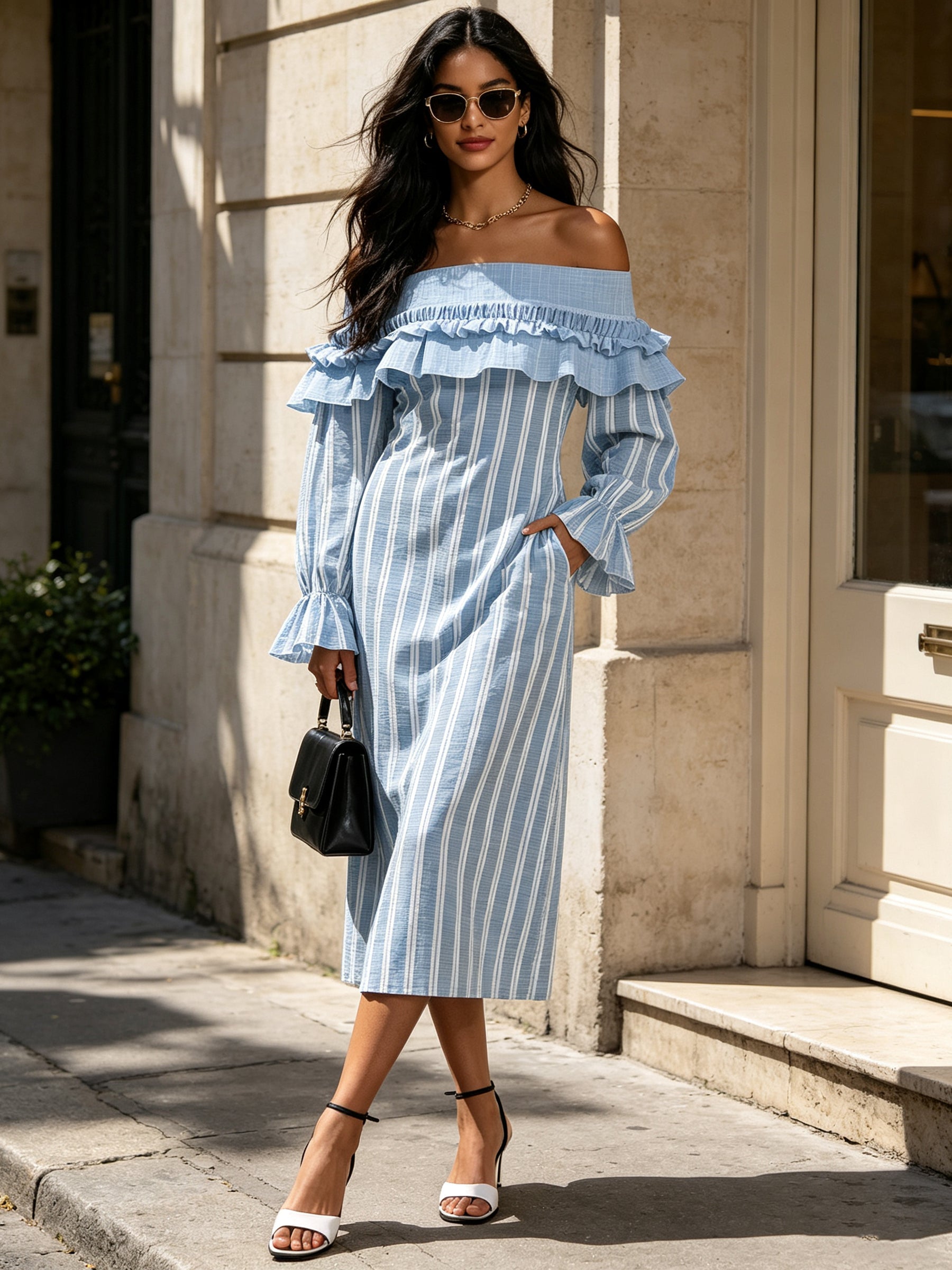 Off Shoulder Blue Striped Ruffle Midi Dress – Elegant Long Sleeve Summer Dress With Feminine Details