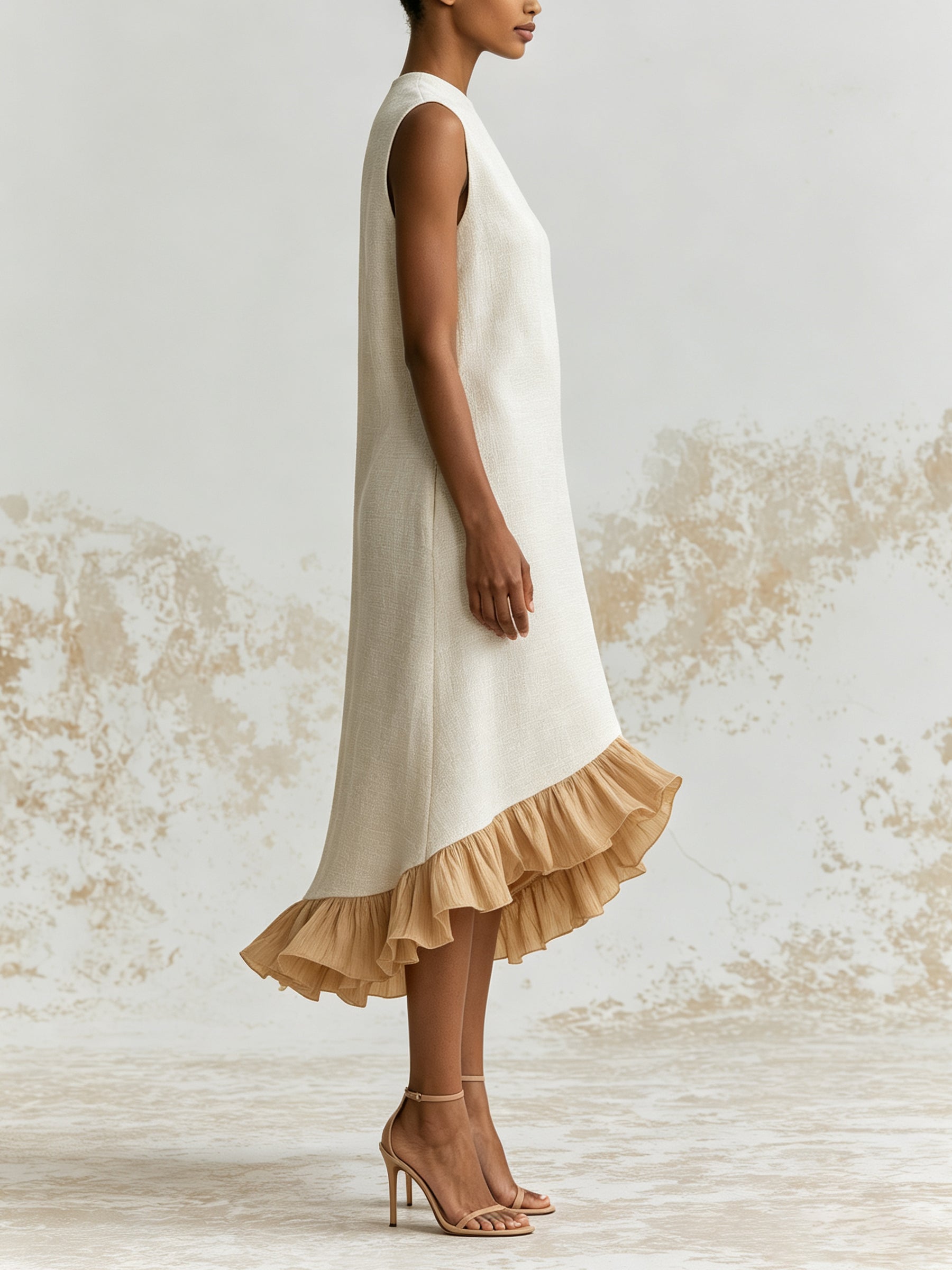 Elegant White Ruffle Hem Midi Dress – Minimalist Sleeveless A-Line Dress With Layered Sheer Detail