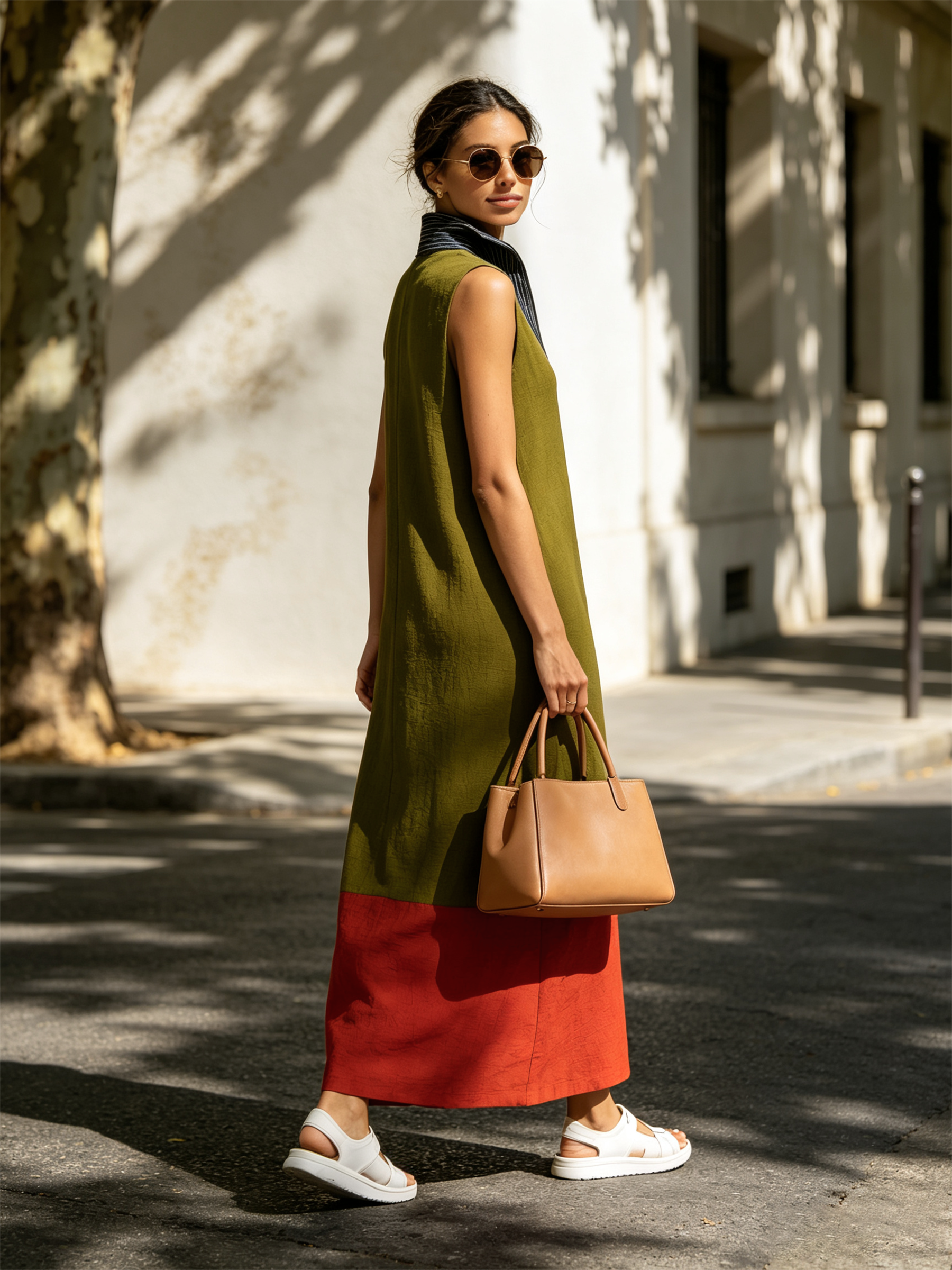 Color Block Stripe Collar Sleeveless Linen Blend Maxi Dress