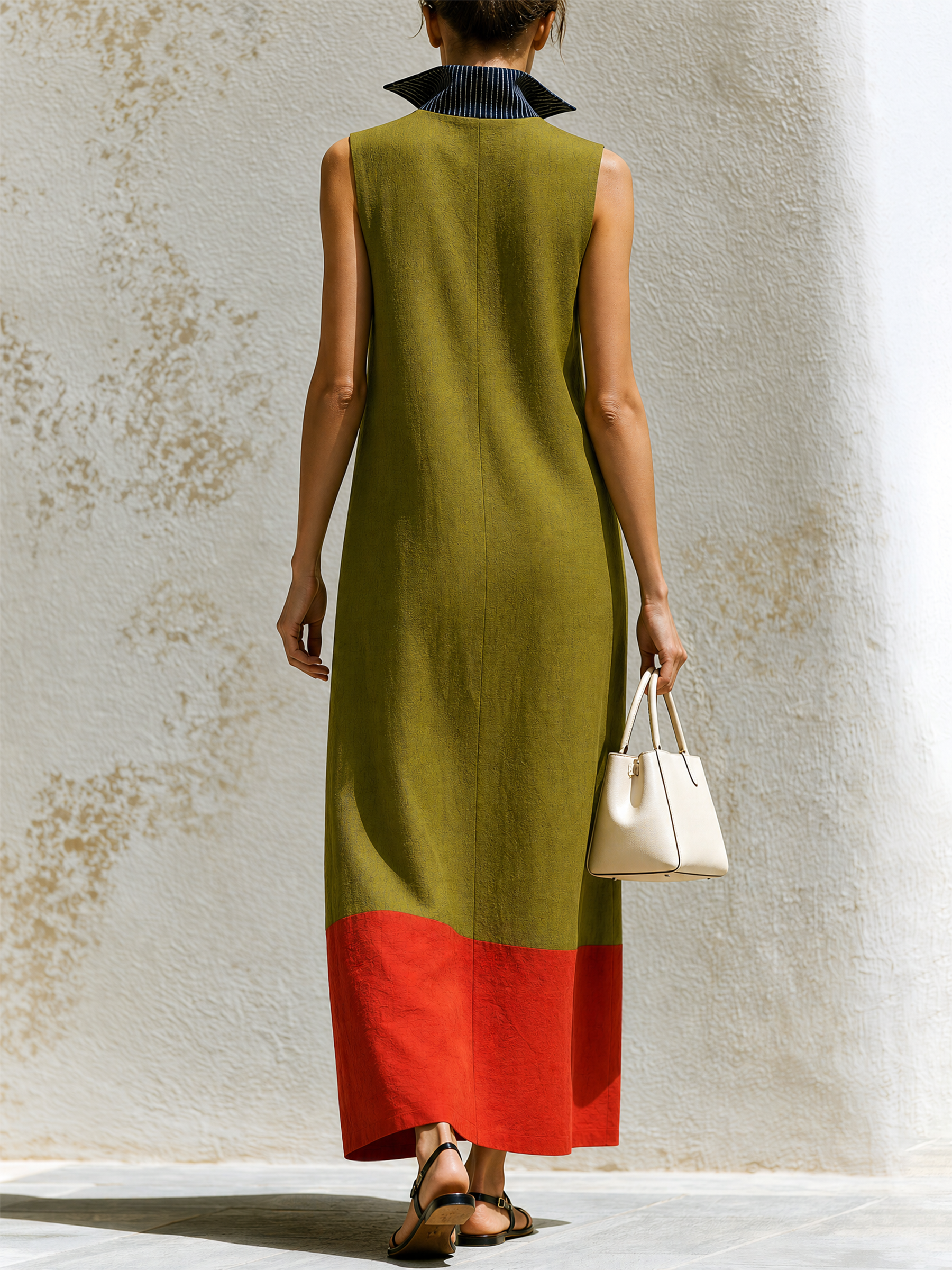 Color Block Stripe Collar Sleeveless Linen Blend Maxi Dress