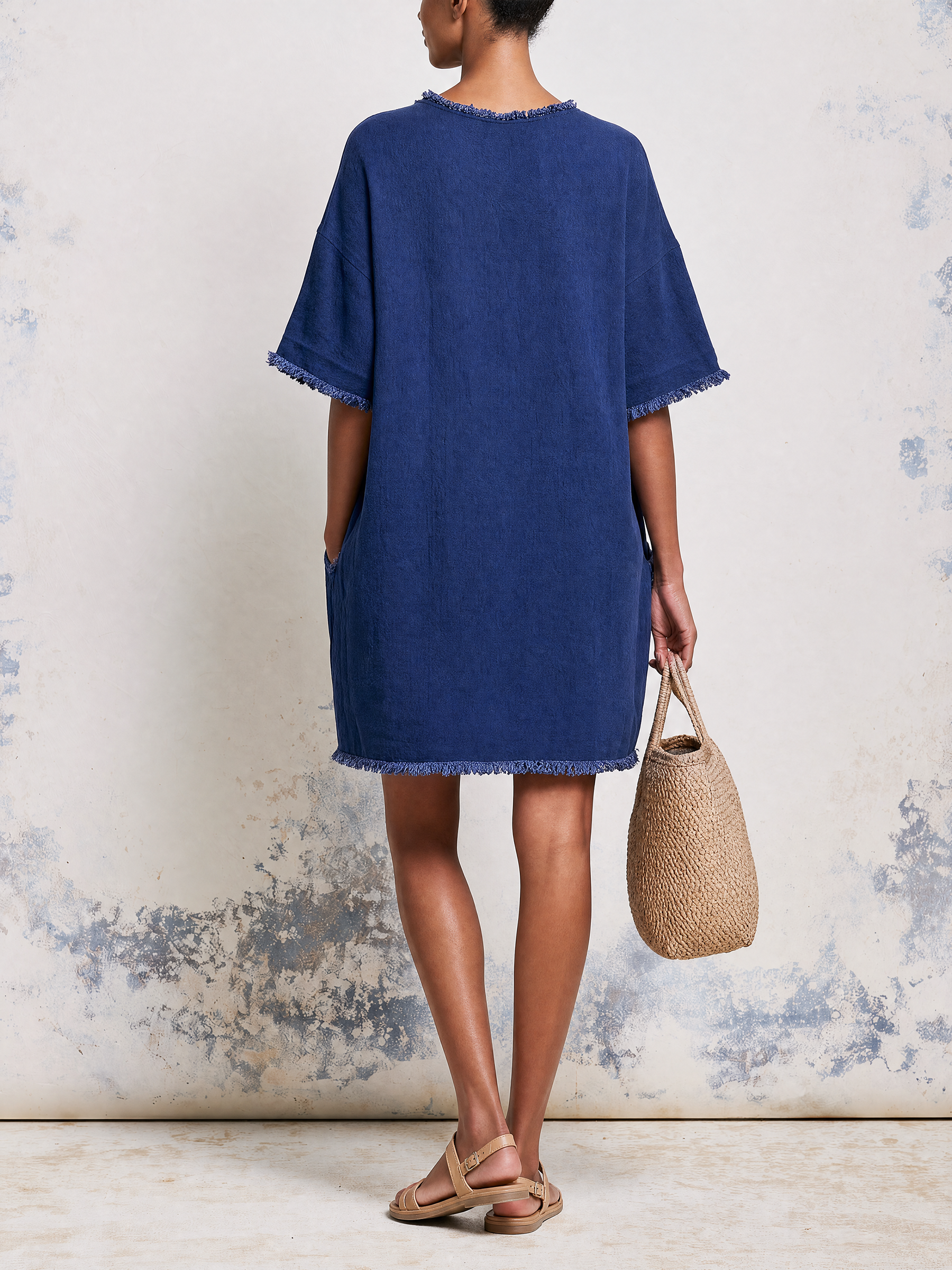 Navy Fringe Raw Edge Oversized Linen Blend Pocket Mini T-Shirt Dress