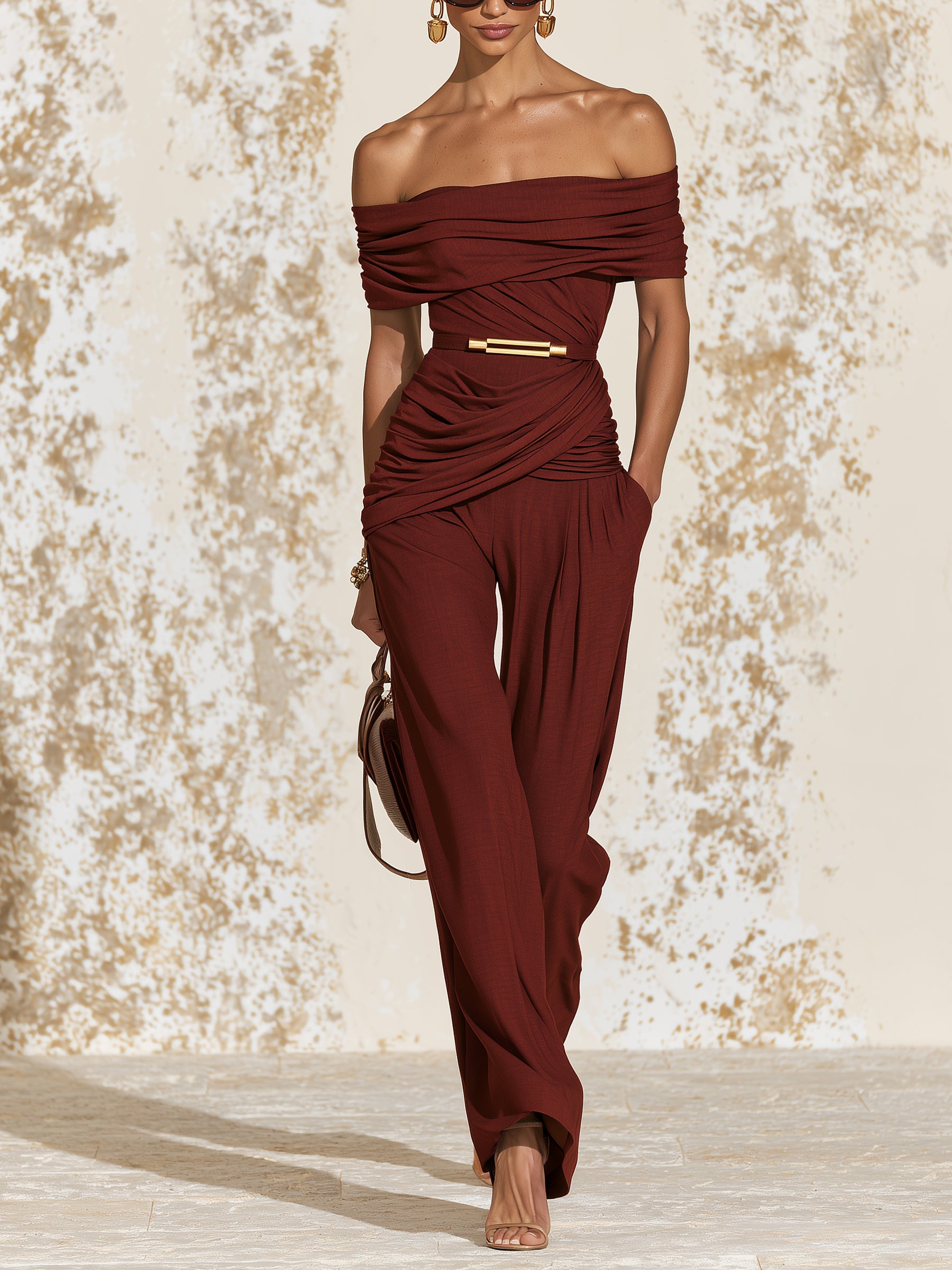 Elegant Burgundy Off Shoulder Jumpsuit – Ruched Draped Wide Leg Evening Jumpsuit For Women