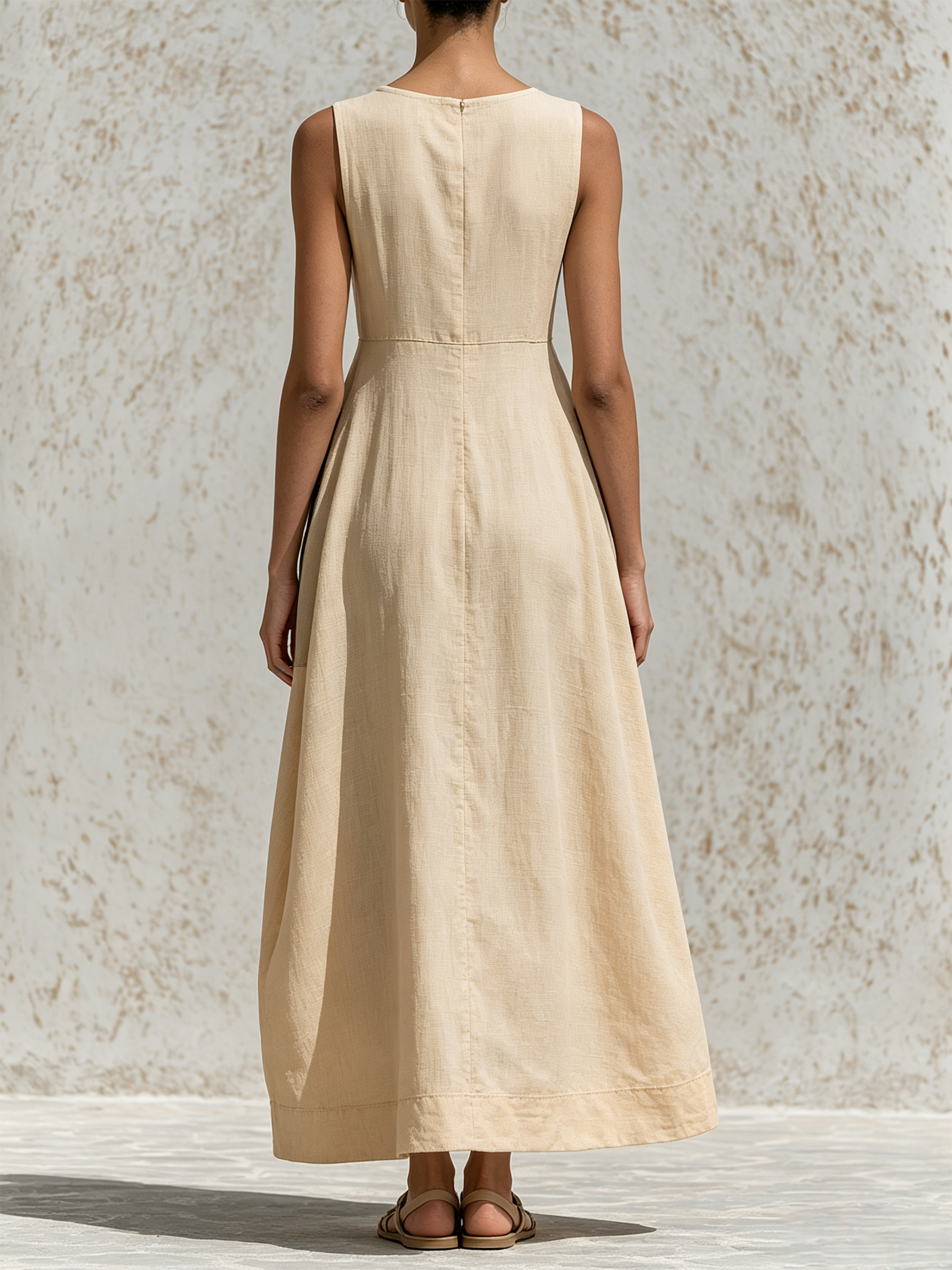 Beige Color Block Strap Buckle Sleeveless Utility Maxi Dress