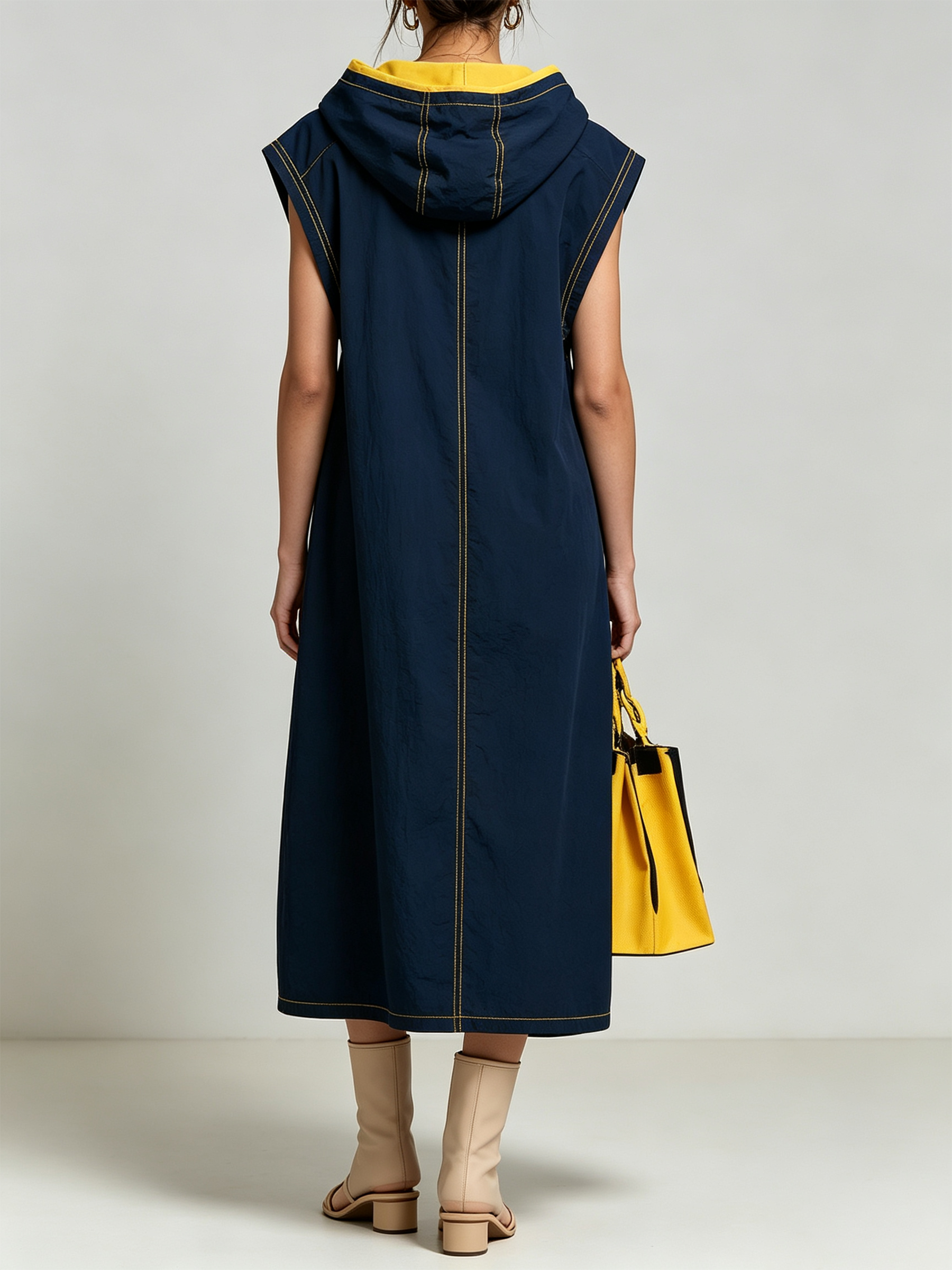 Navy Contrast Yellow Stitch Sleeveless Hooded Midi Dress