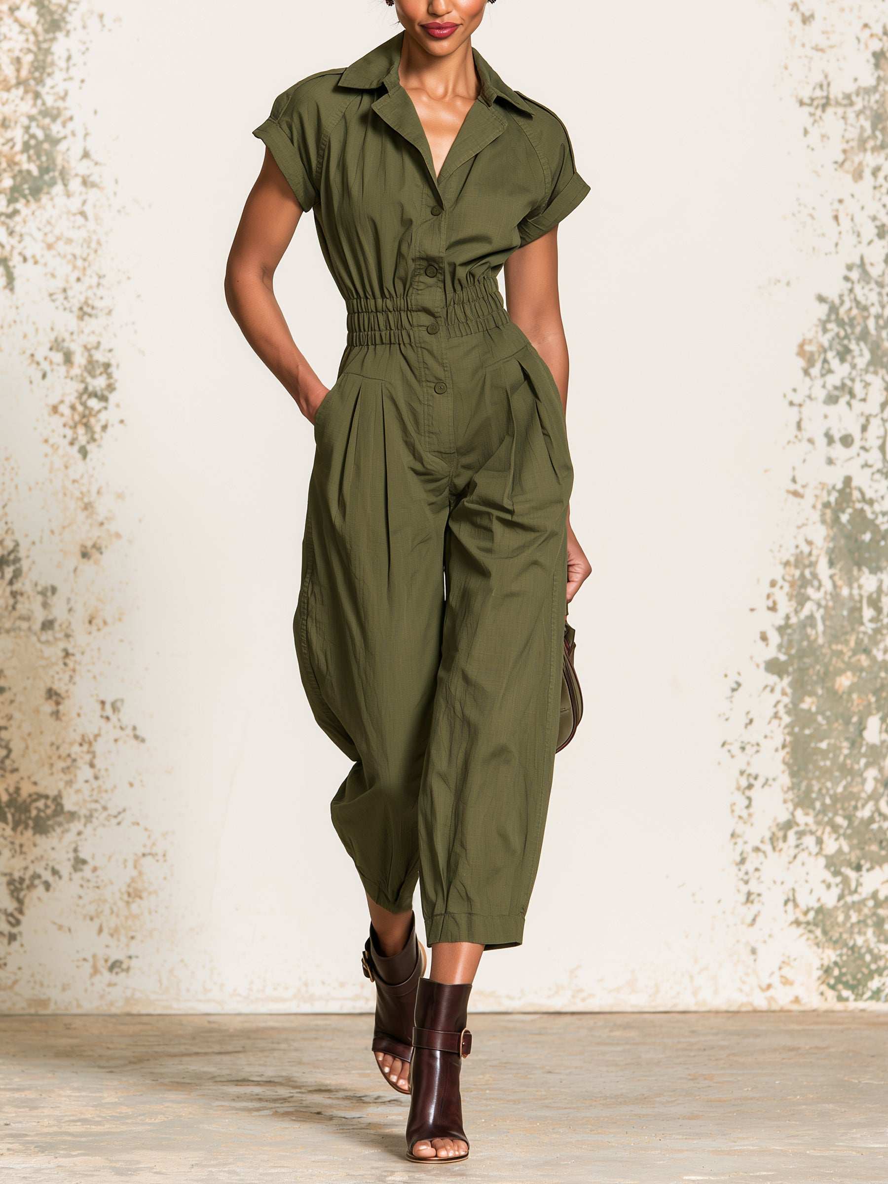 Olive Green Utility Jumpsuit For Women – Relaxed Fit Button Front Cargo Romper With Cinched Waist