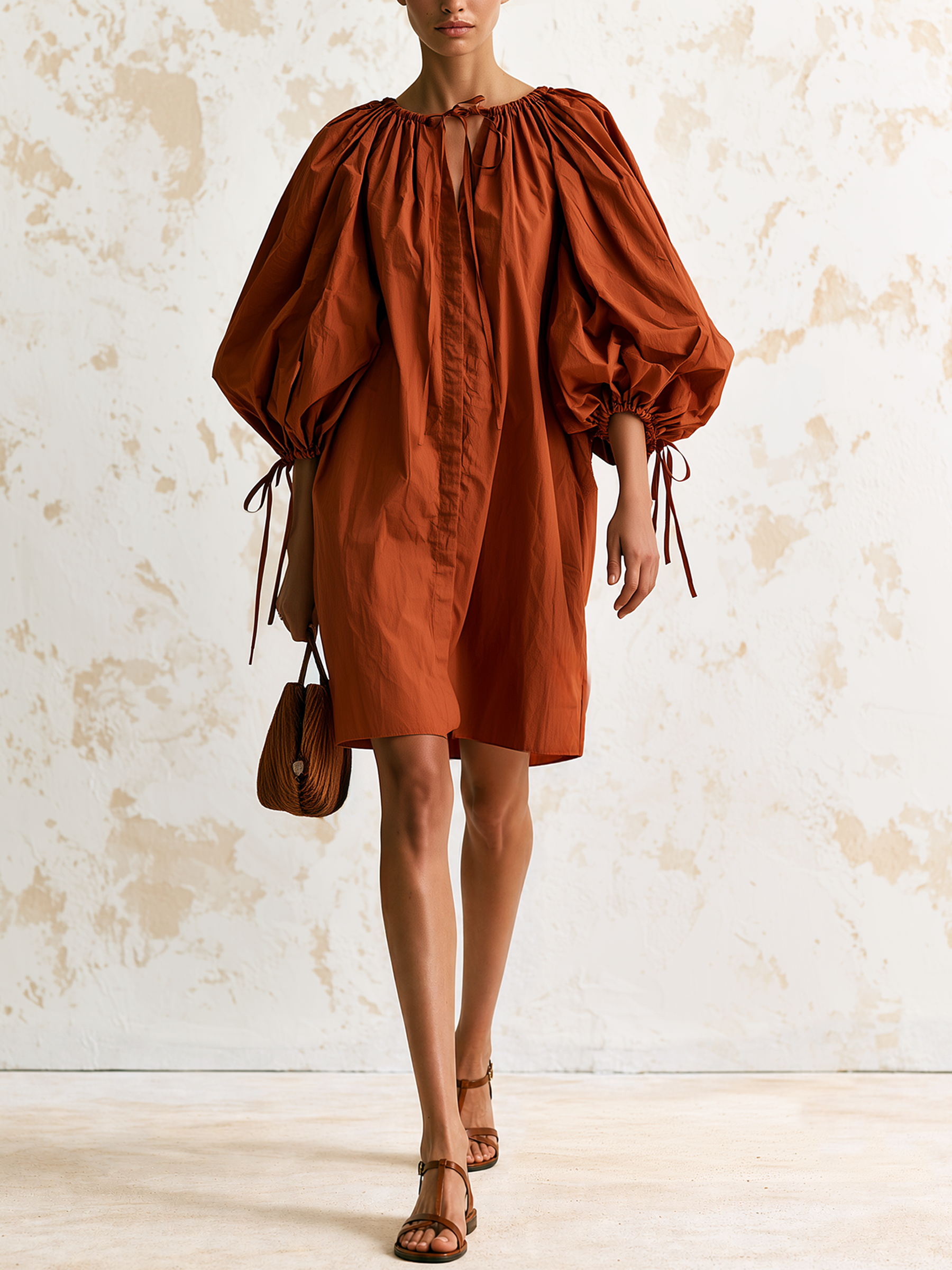 Rust Gathered Drawstring Balloon Sleeve Loose Mini Dress