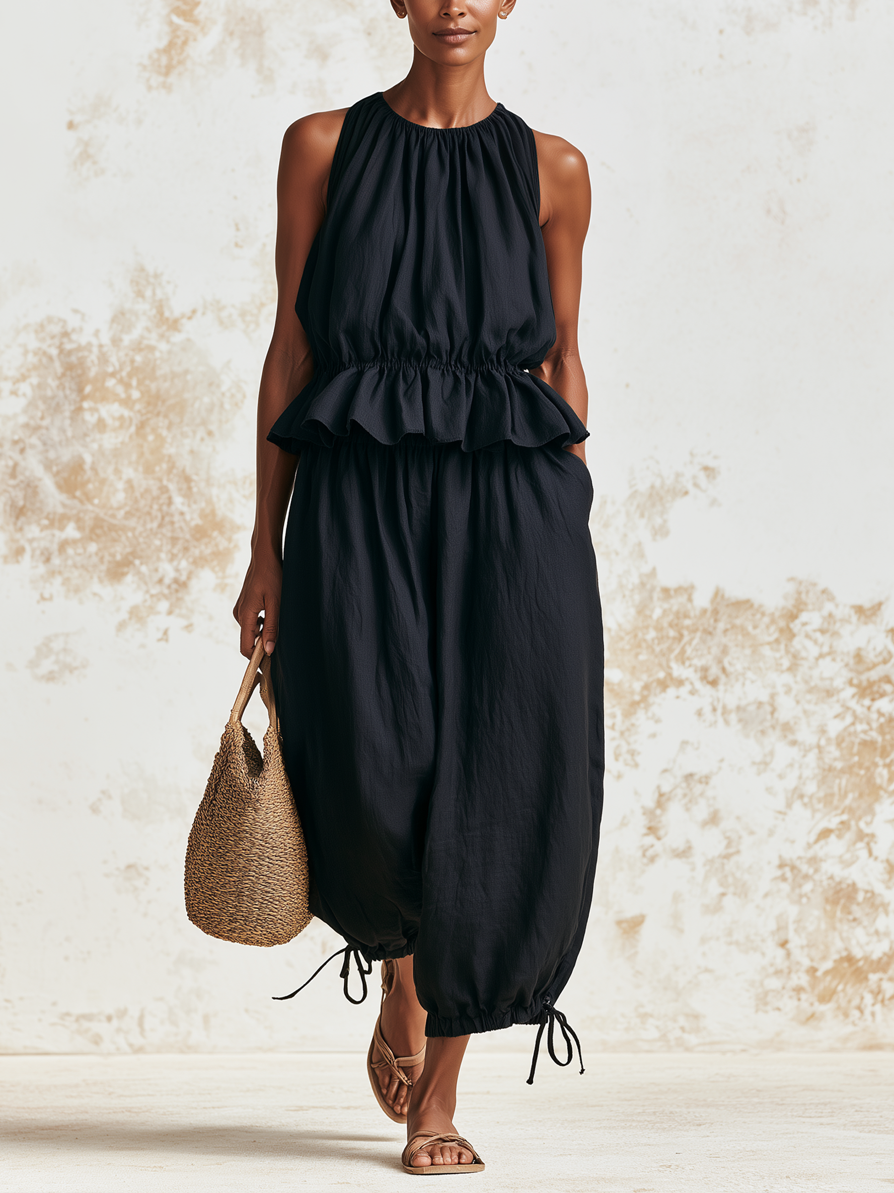 Black Sleeveless Gathered‑Waist Linen Two‑Piece Set