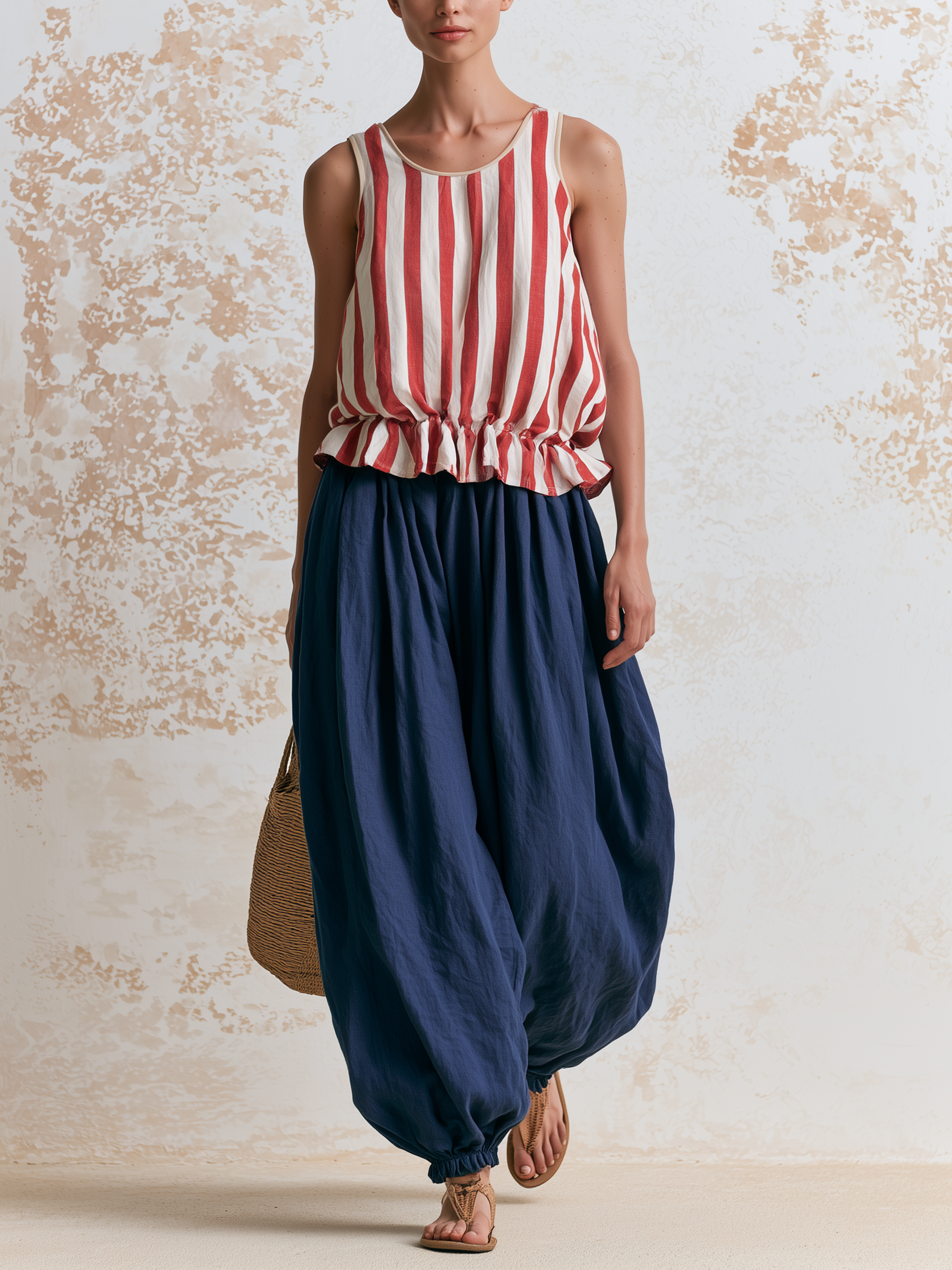 Red‑White Striped Tank Top & Navy Linen Balloon Pants Two‑Piece Set