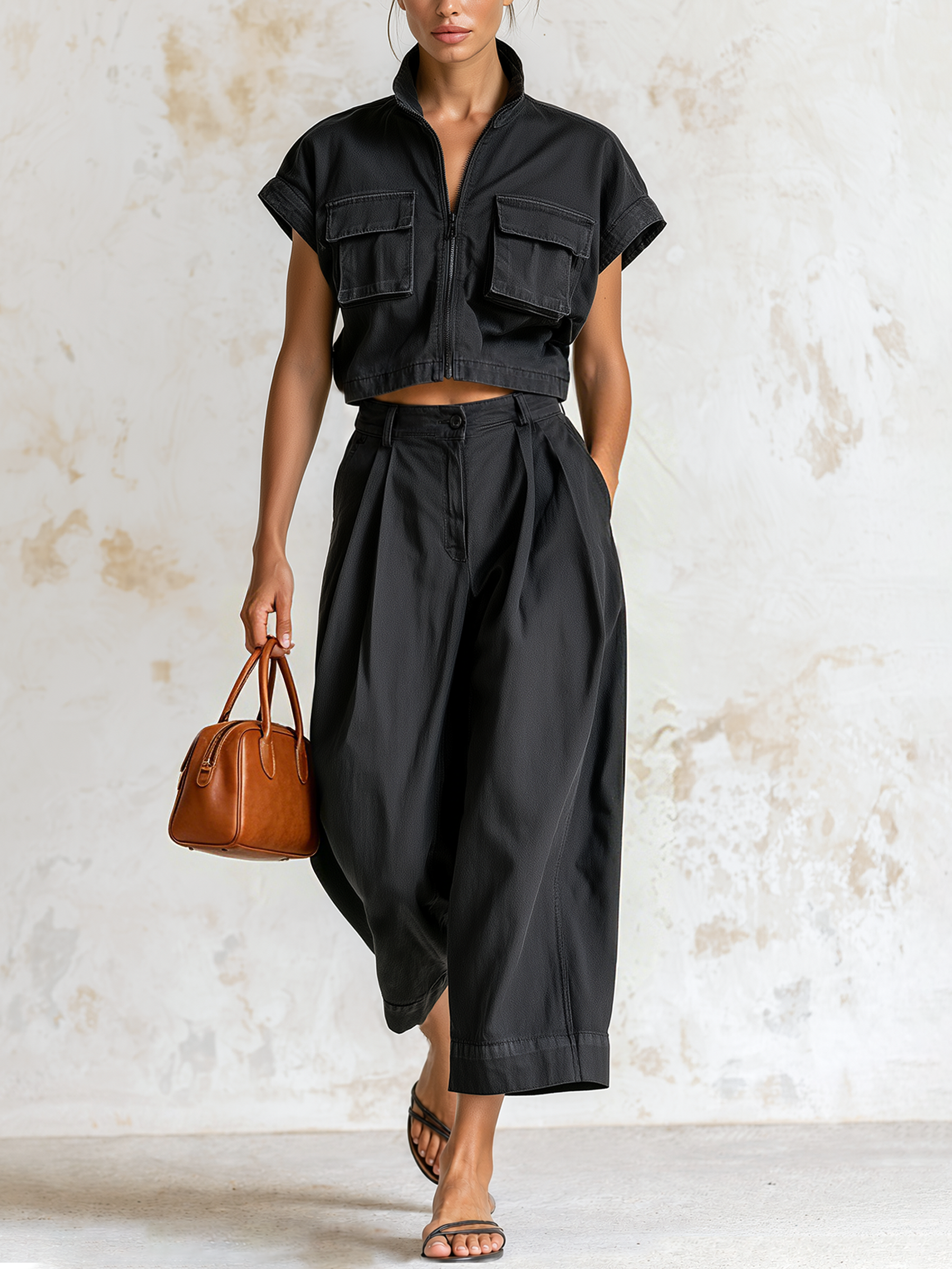 Black Zip Crop Cargo Top & Pleated Wide Leg Cropped Pants Two-Piece Set
