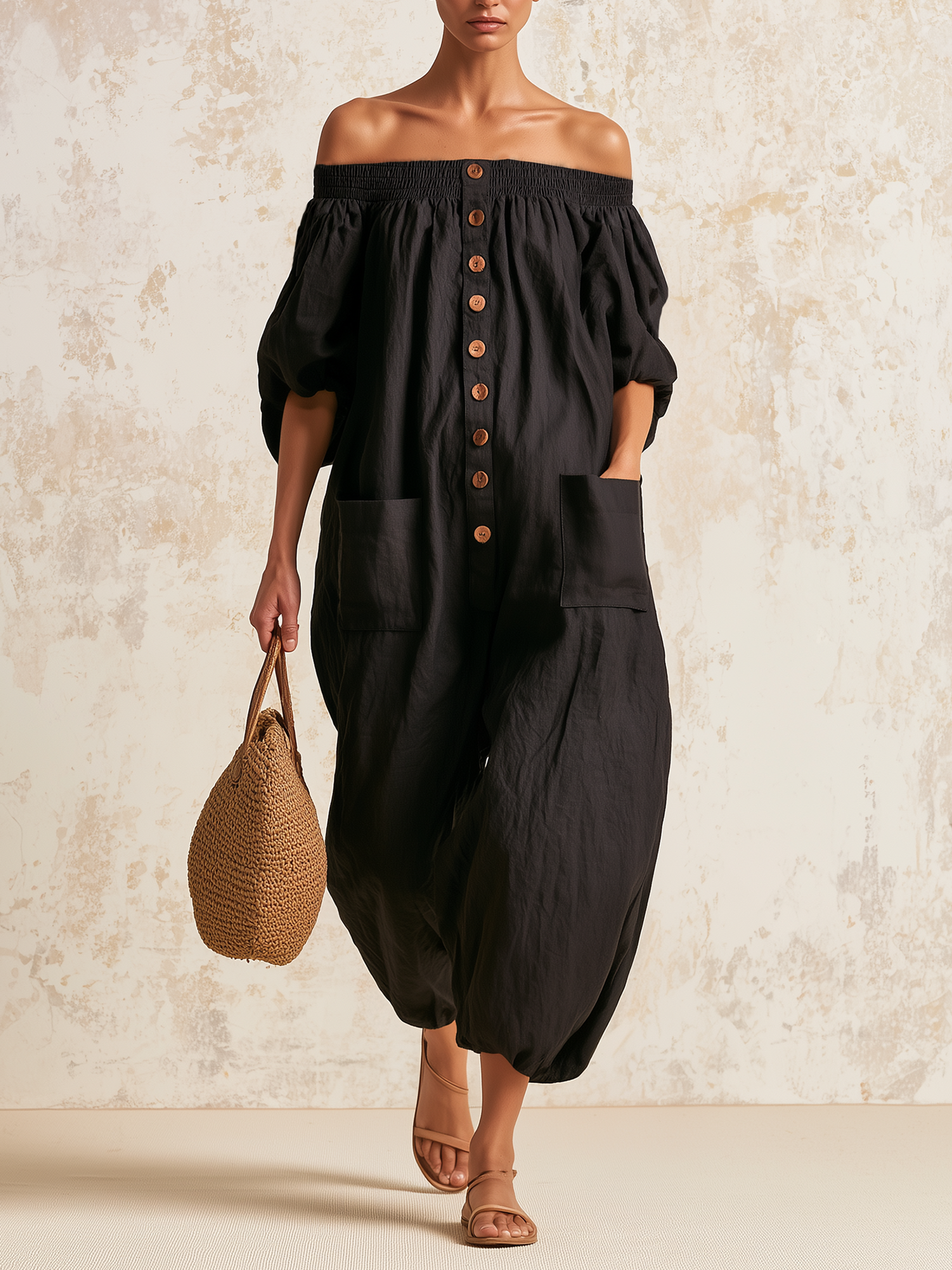 Off-Shoulder Linen Blend Wide Leg Jumpsuit with Button Front & Pockets