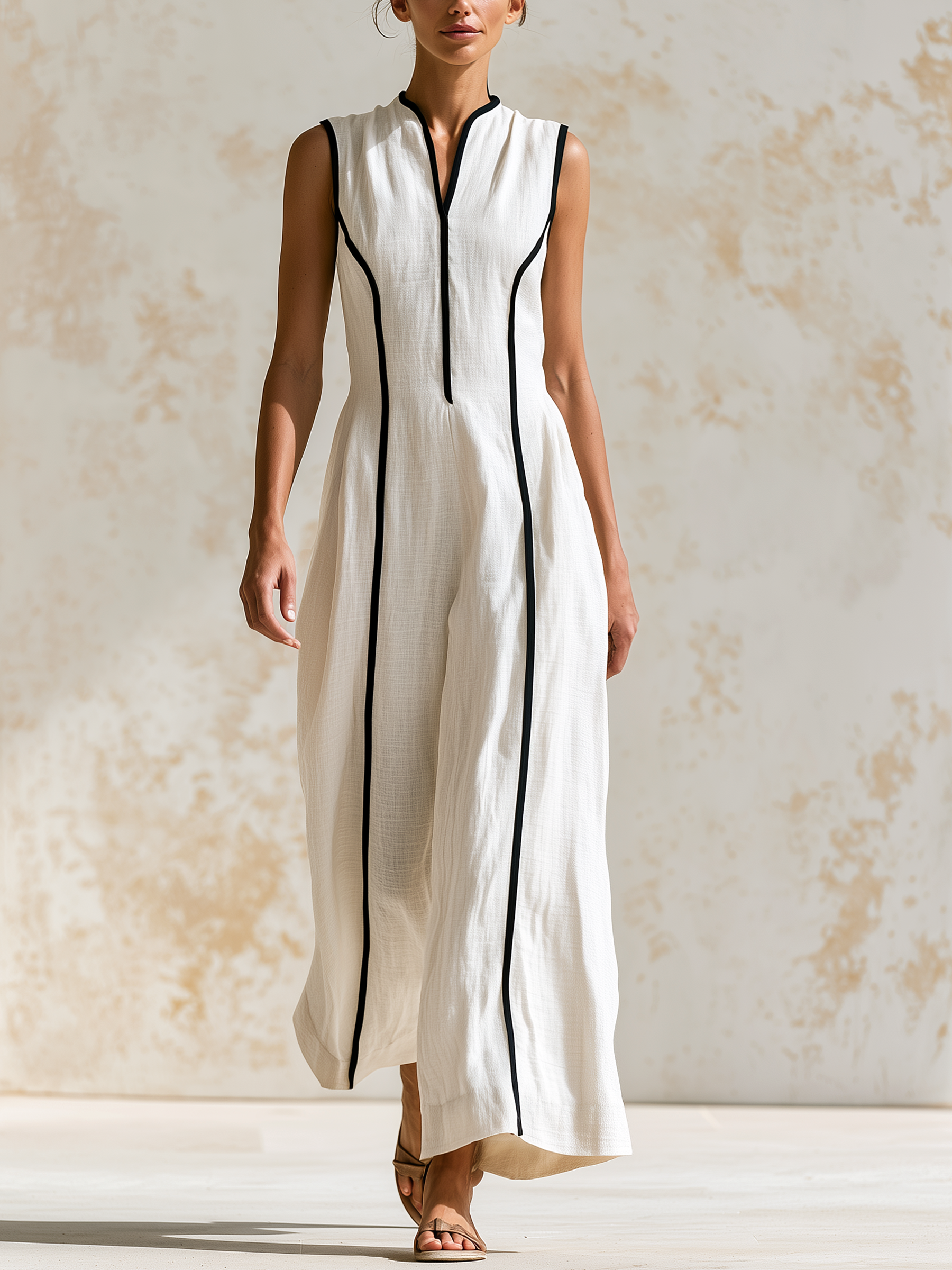White Black Piping Sleeveless Linen Blend Wide Leg Jumpsuit