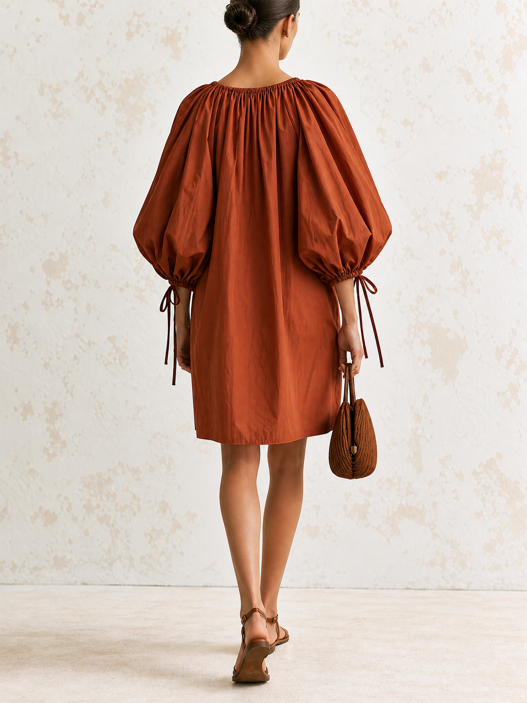 Rust Gathered Drawstring Balloon Sleeve Loose Mini Dress