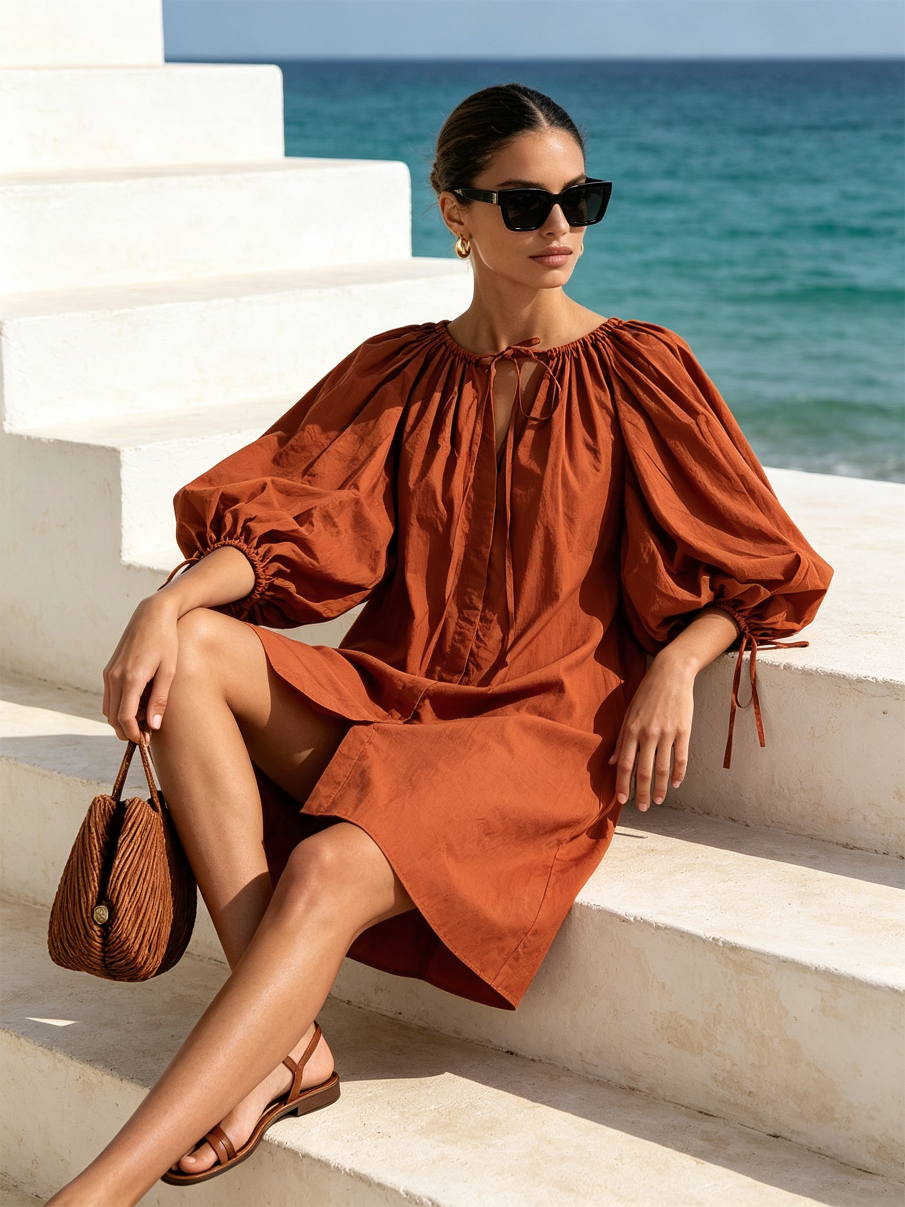 Rust Gathered Drawstring Balloon Sleeve Loose Mini Dress