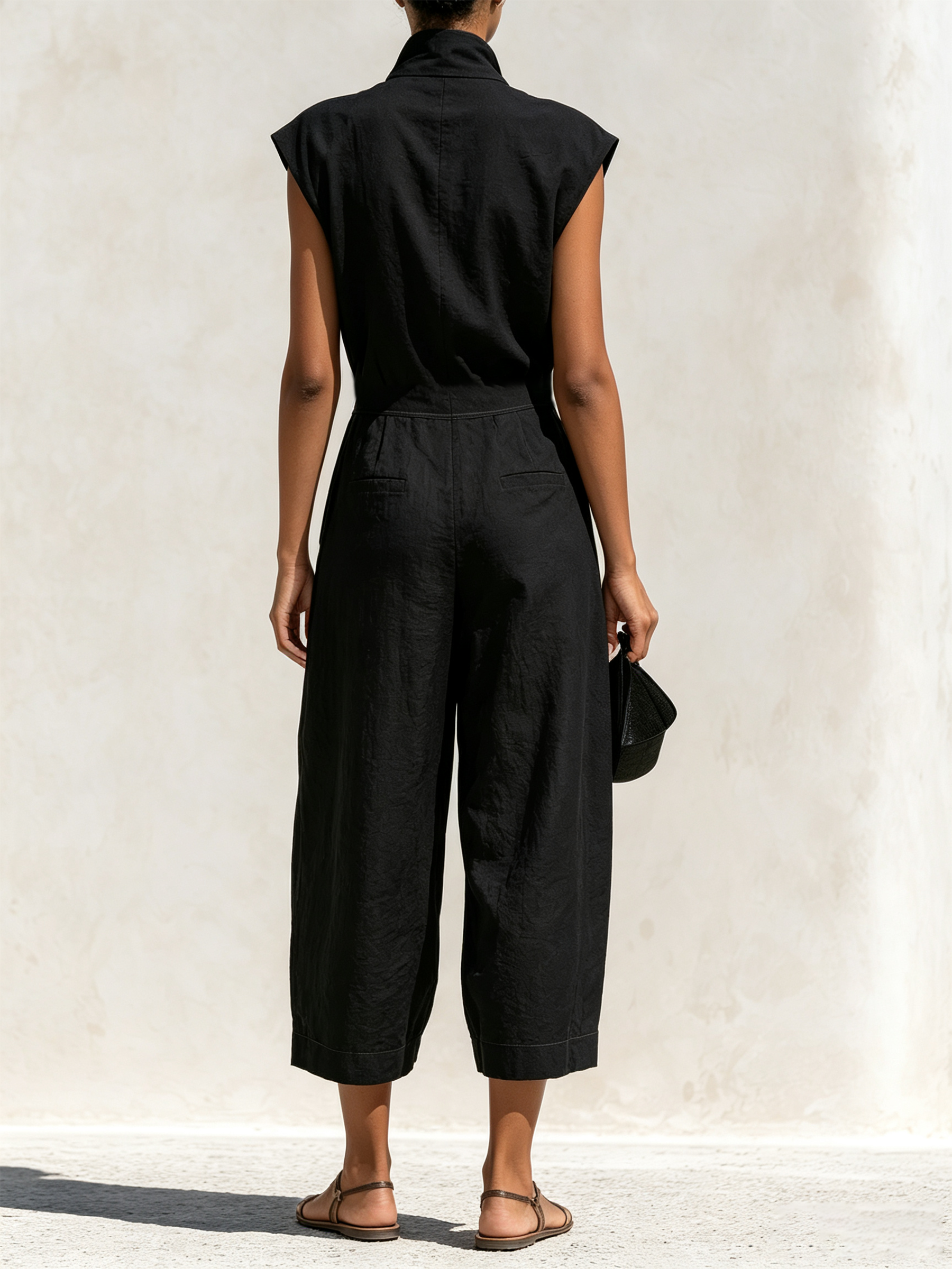 Black Sleeveless Zip Front Utility Wide Leg Midi Jumpsuit
